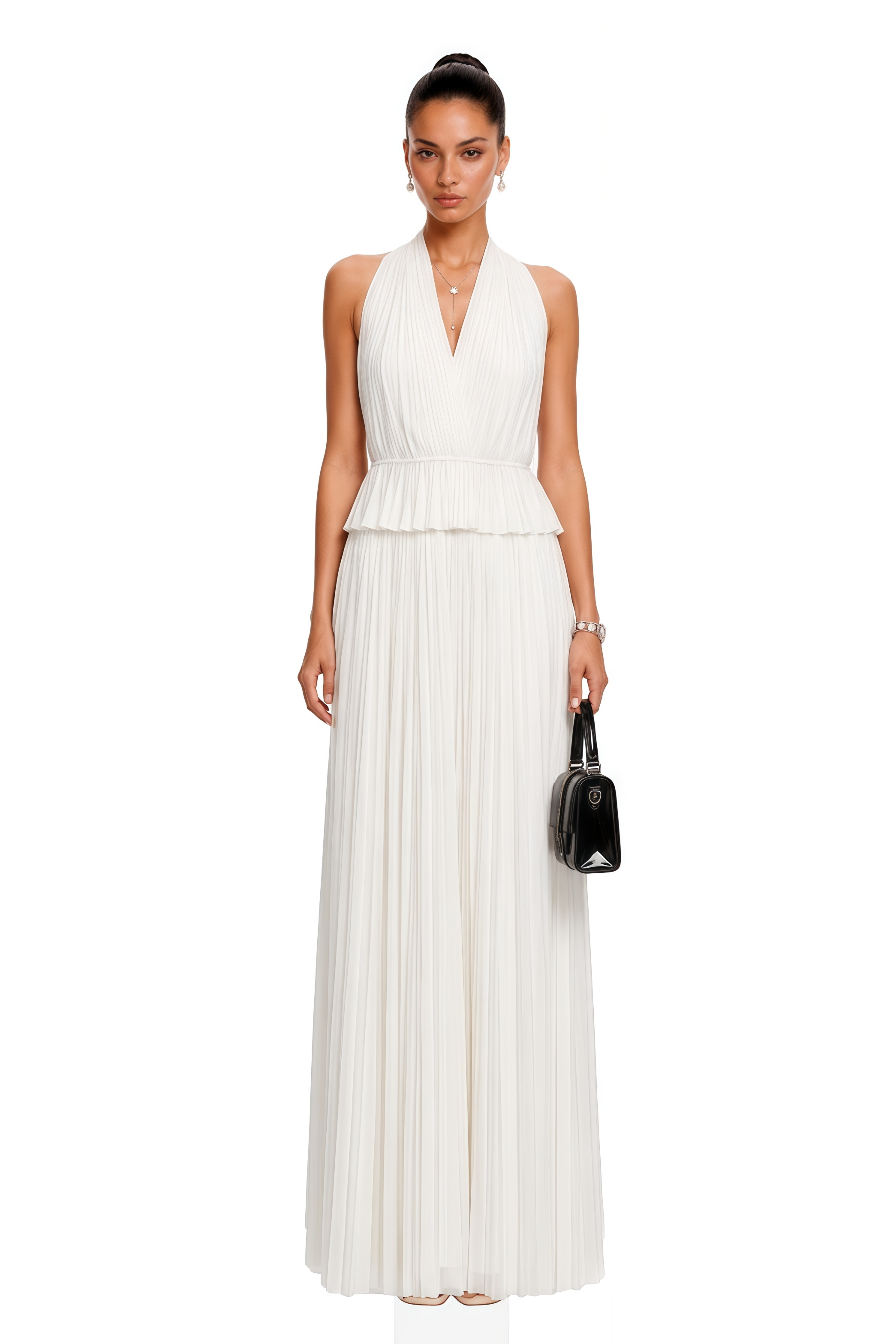 Kailany White Pleated Halterneck Top & Skirt Set