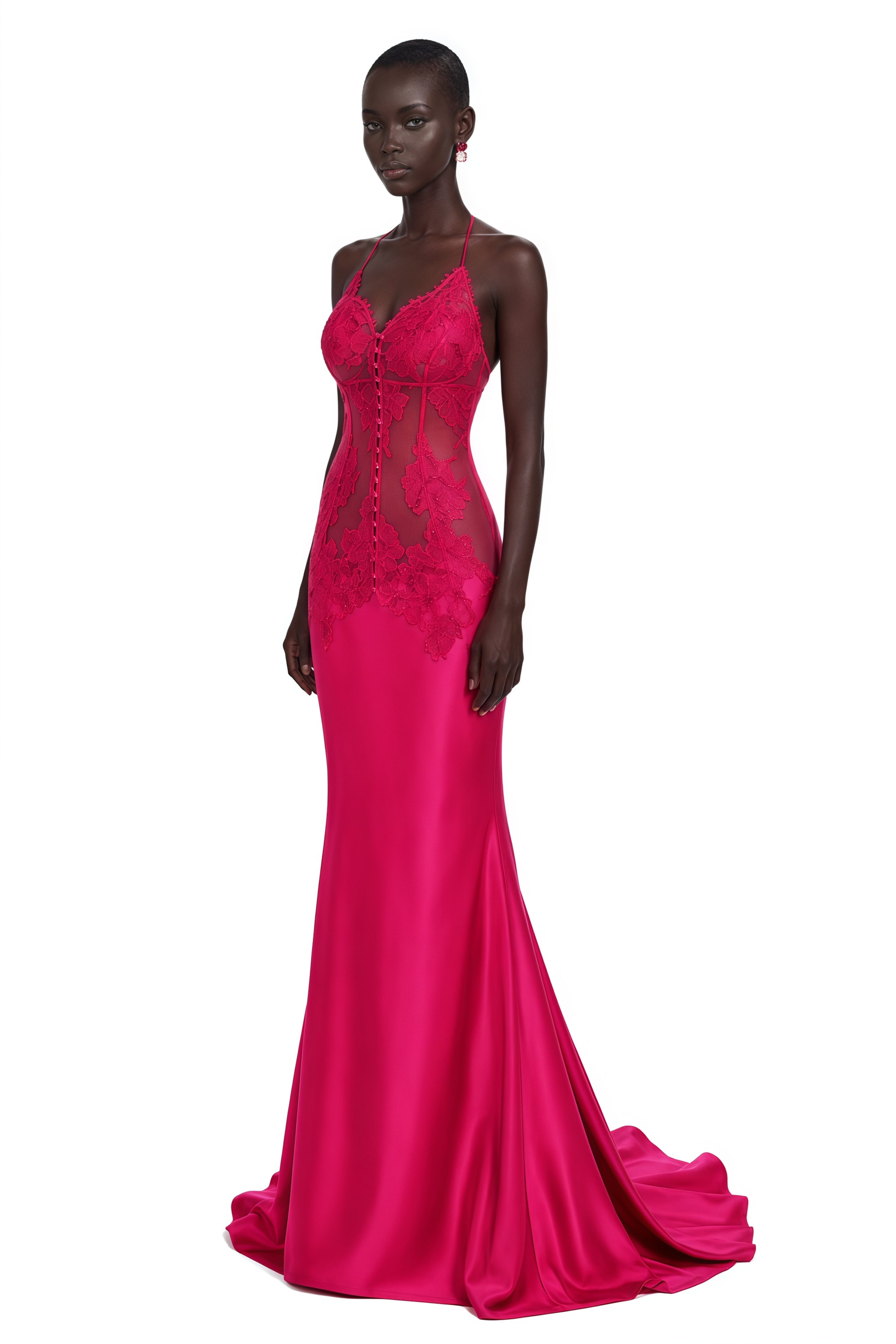 Kallie Fuchsia Lace Halterneck Maxi Dress