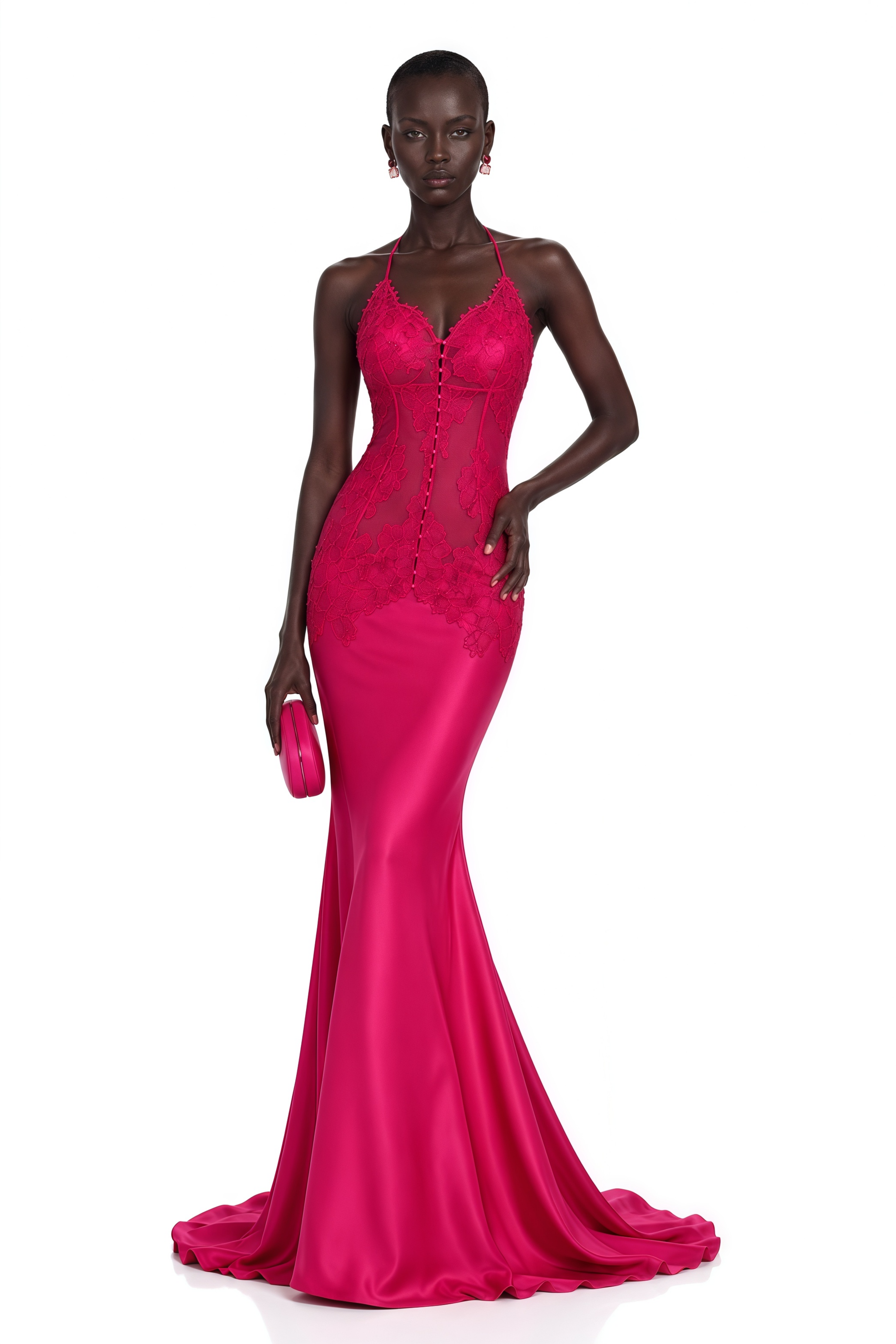 Kallie Fuchsia Lace Halterneck Maxi Dress
