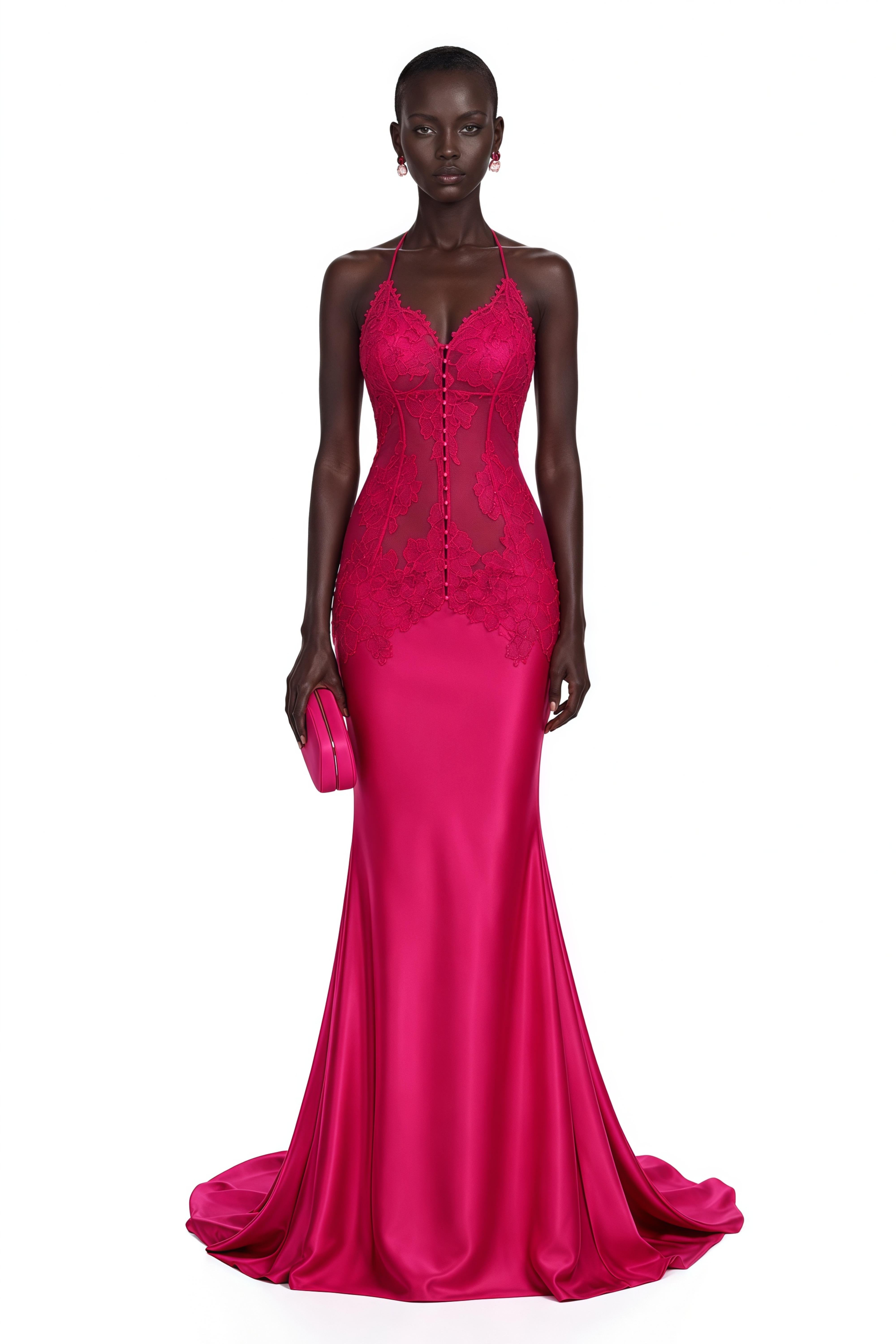 Kallie Fuchsia Lace Halterneck Maxi Dress