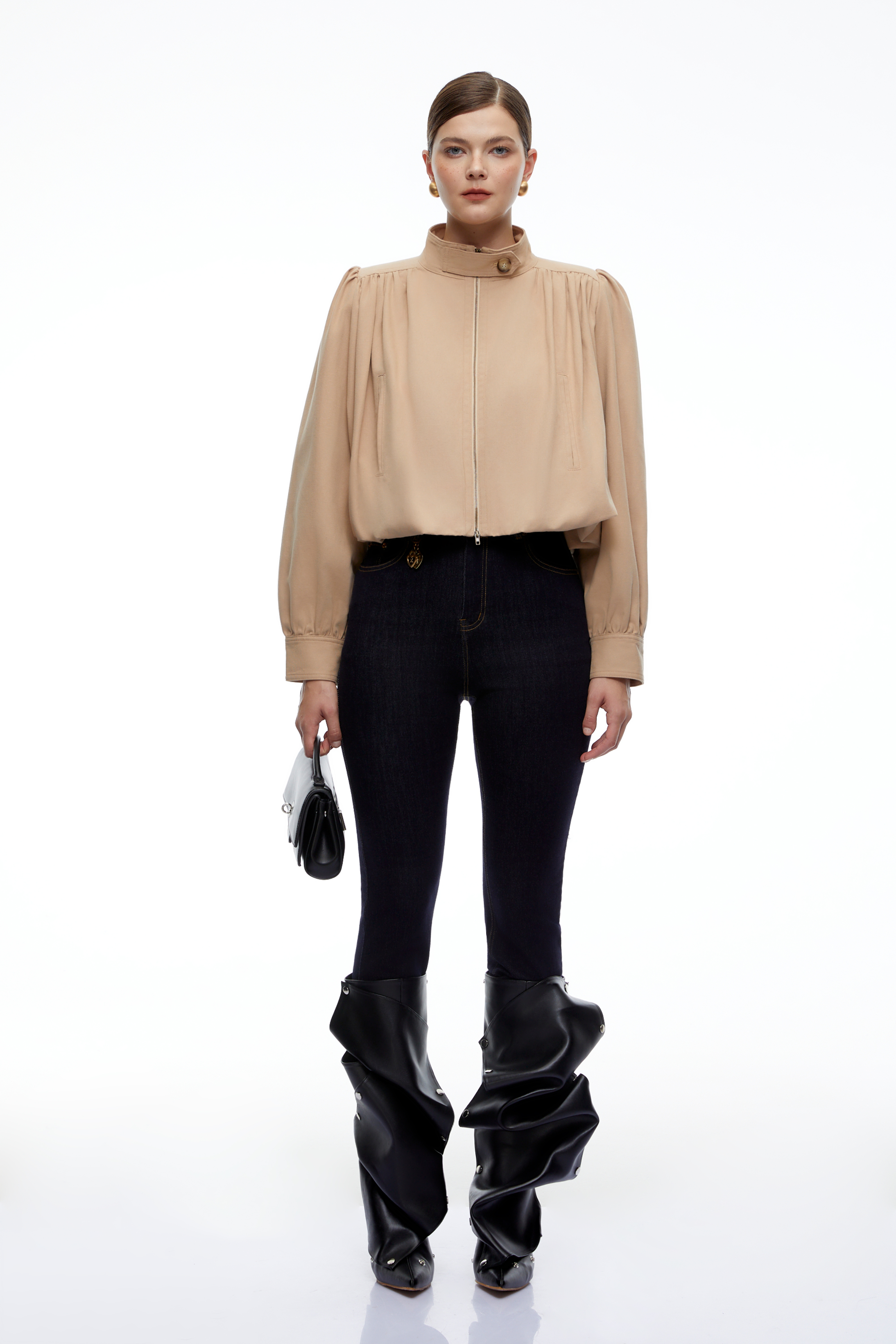 Kamila Beige High Neck Long Sleeve Blouse