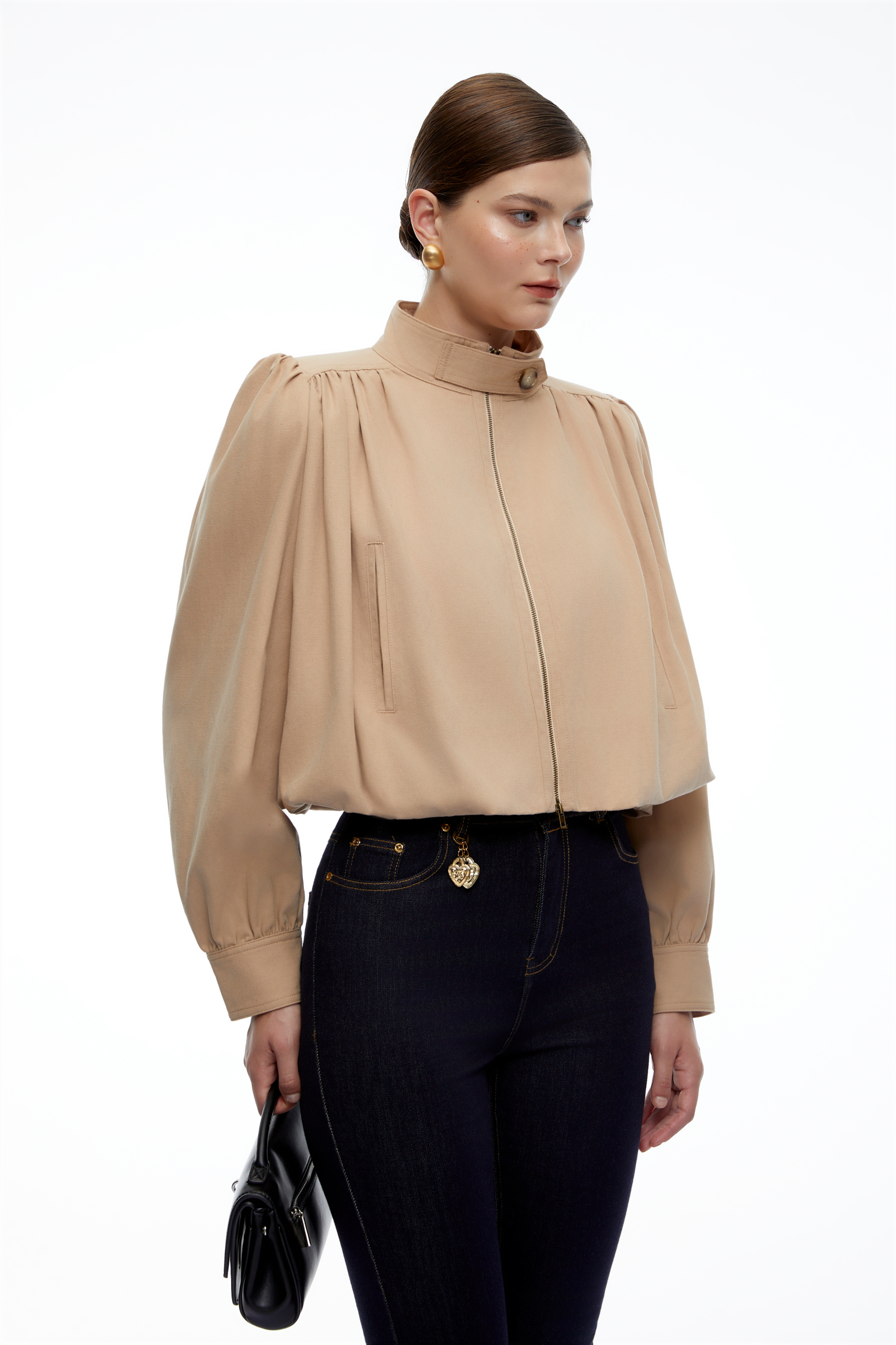 Kamila Beige High Neck Long Sleeve Blouse