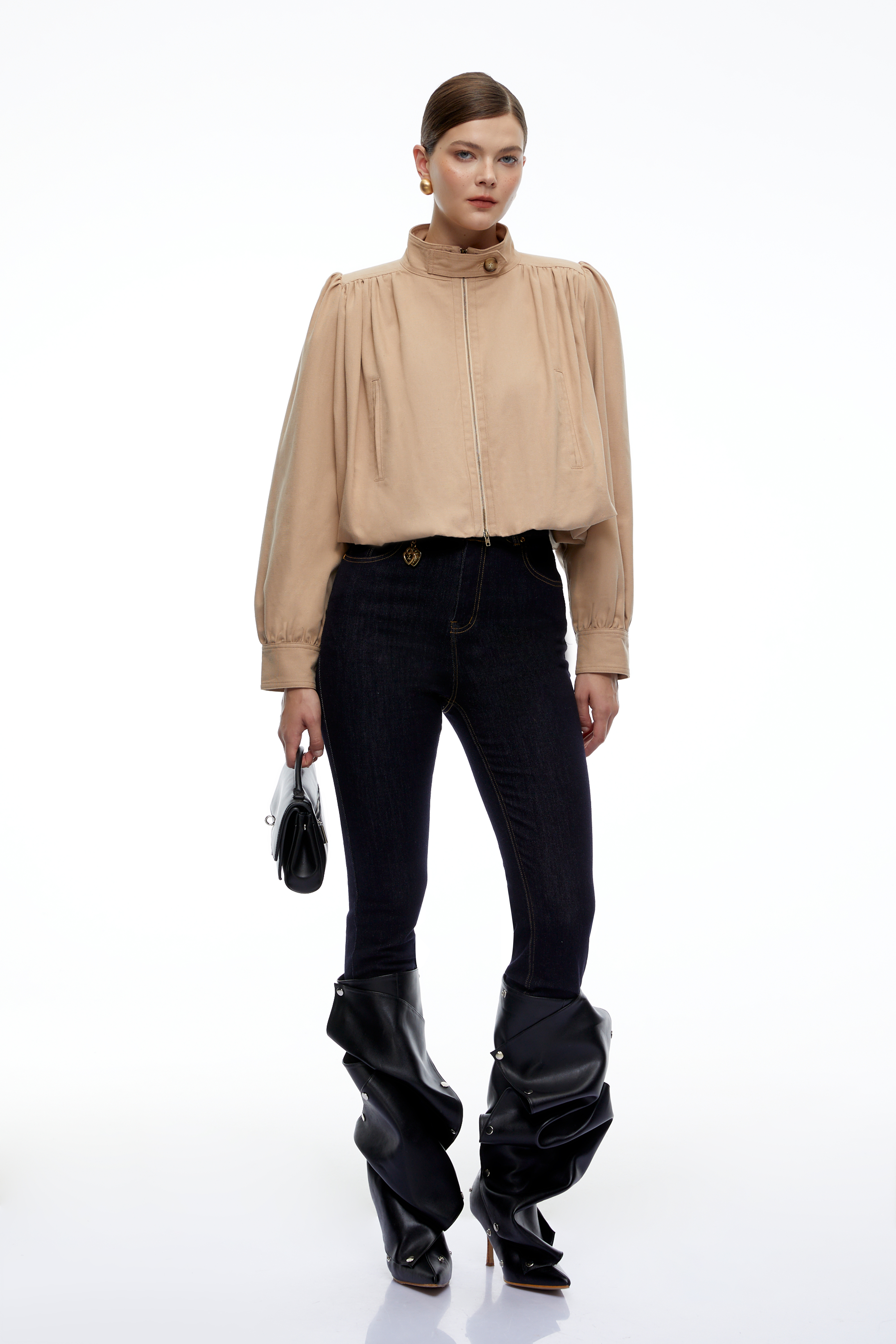 Kamila Neutral High Neck Long Sleeve Blouse