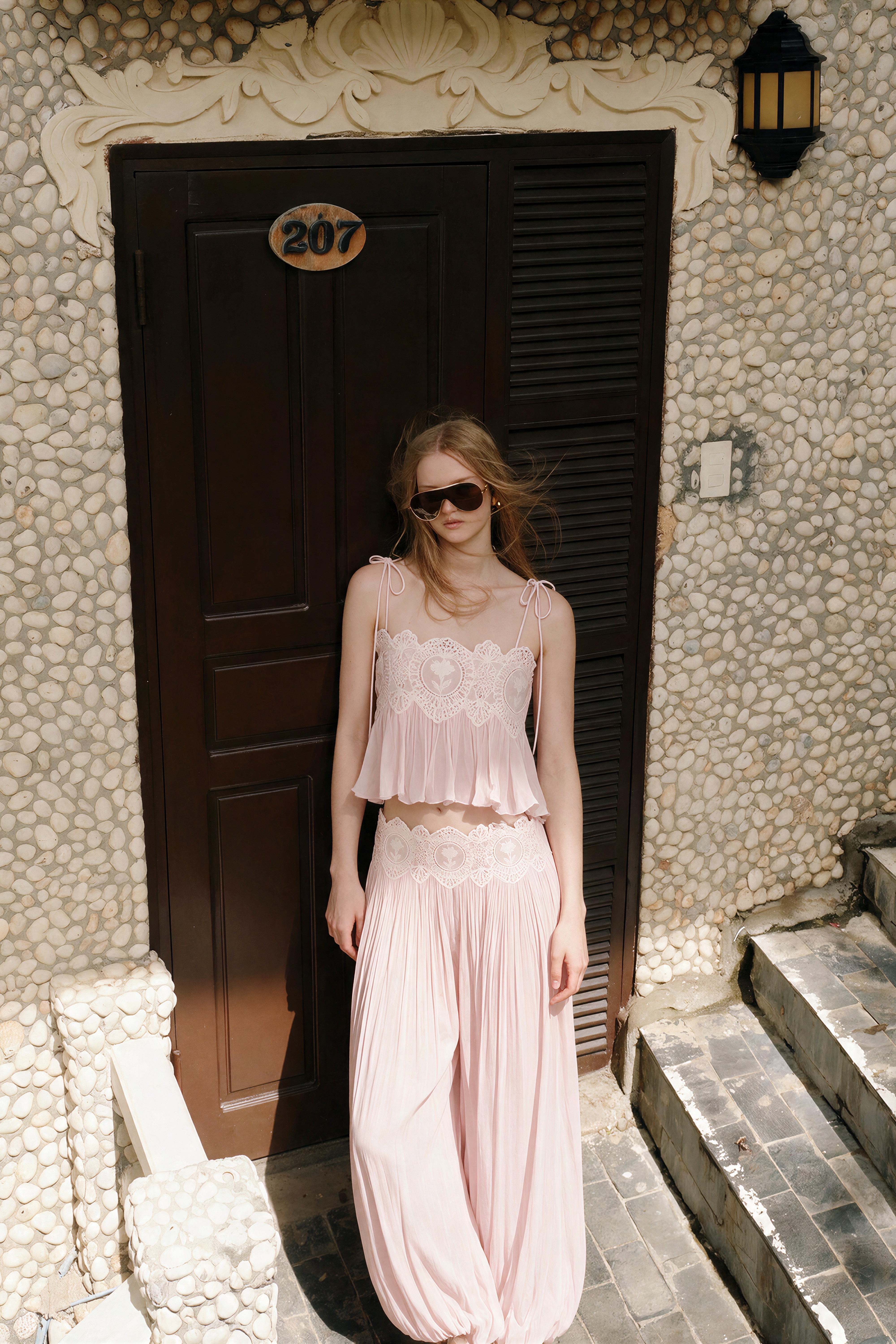 Kamila Pink Lace Trim Ruched Top & Trouser Set
