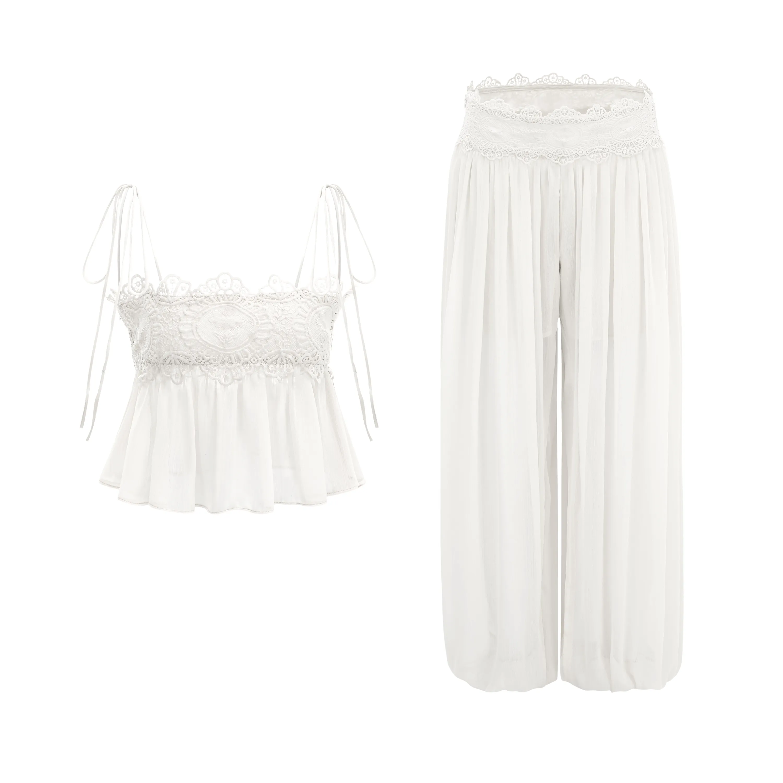 Kamila White Lace Trim Ruched Top & Trouser Set