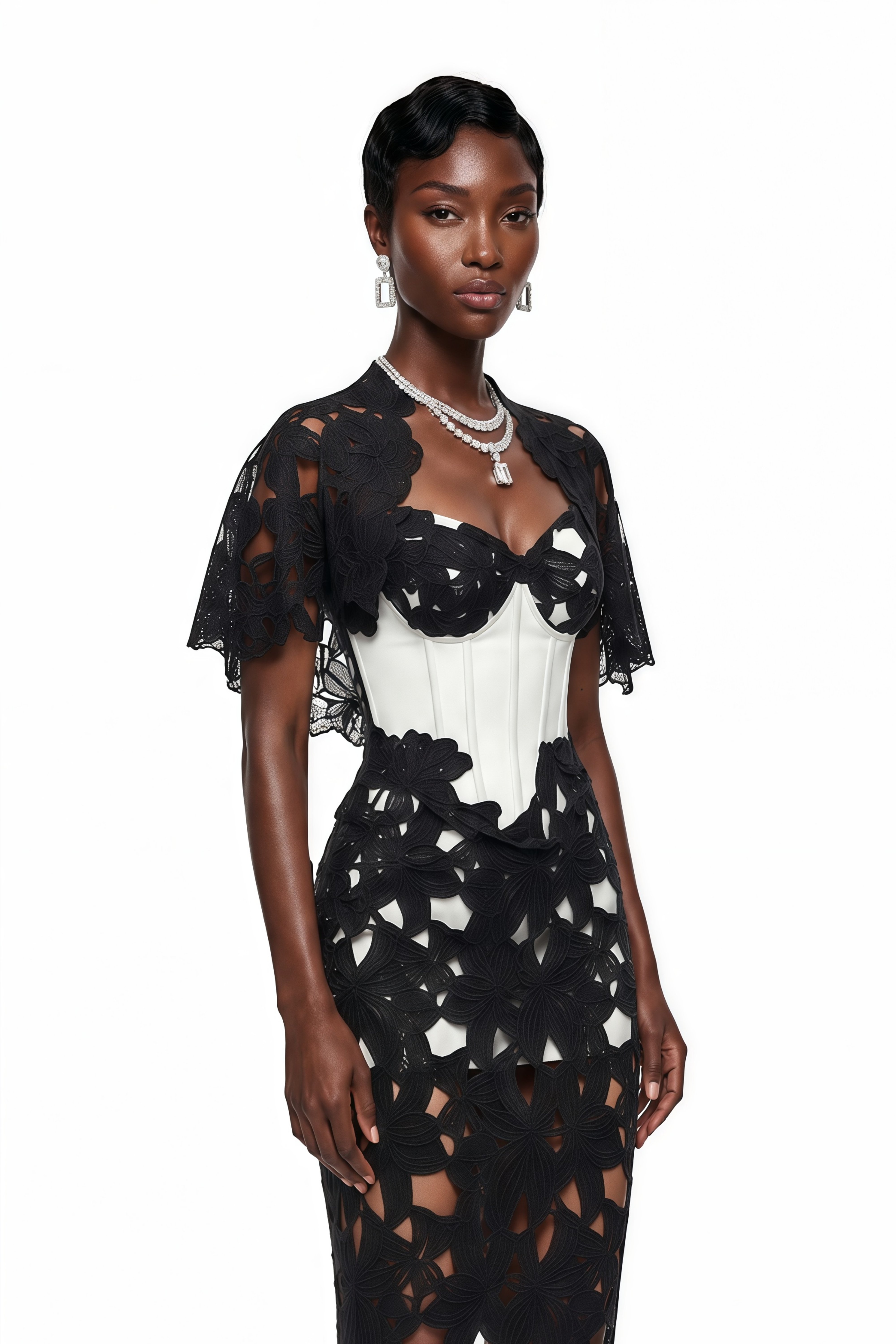 Black and white maxi dress with a cutout lace overlay, white corset bodice, and matching caplet shrug