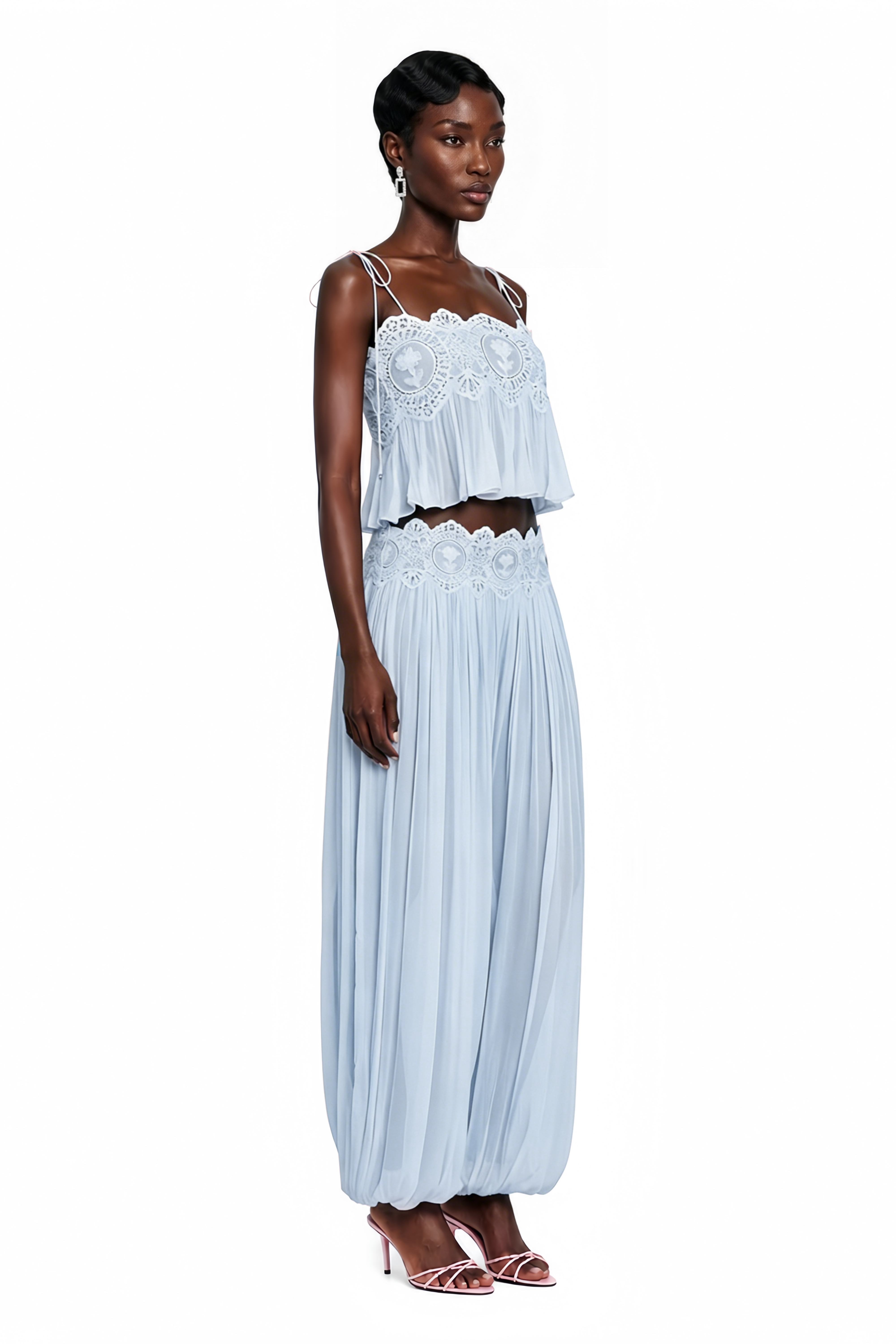 Light blue pleated two-piece set featuring a camisole top and wide-leg harem pants, both accented with scalloped floral lace trim