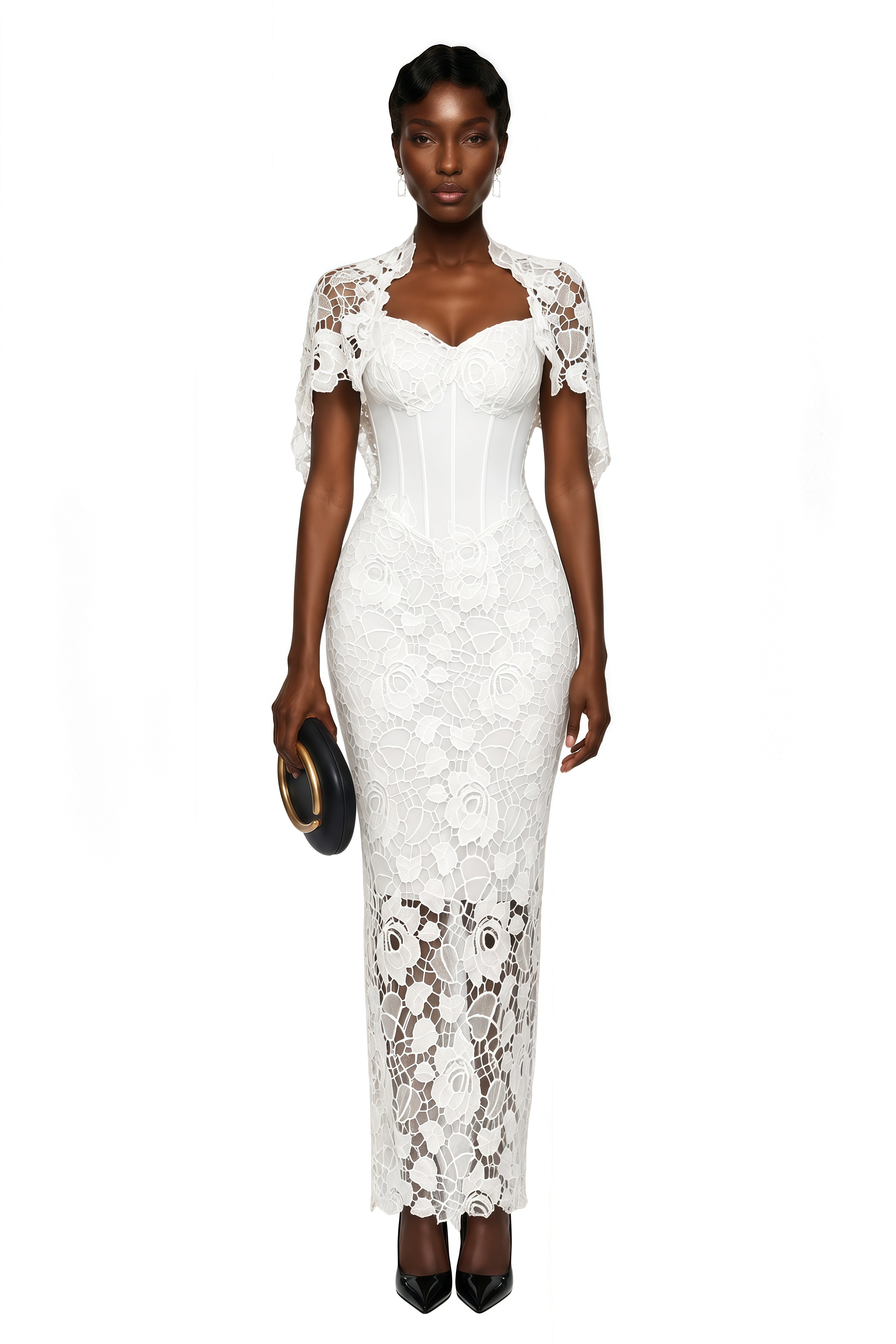 White lace corset maxi dress with a matching capelet