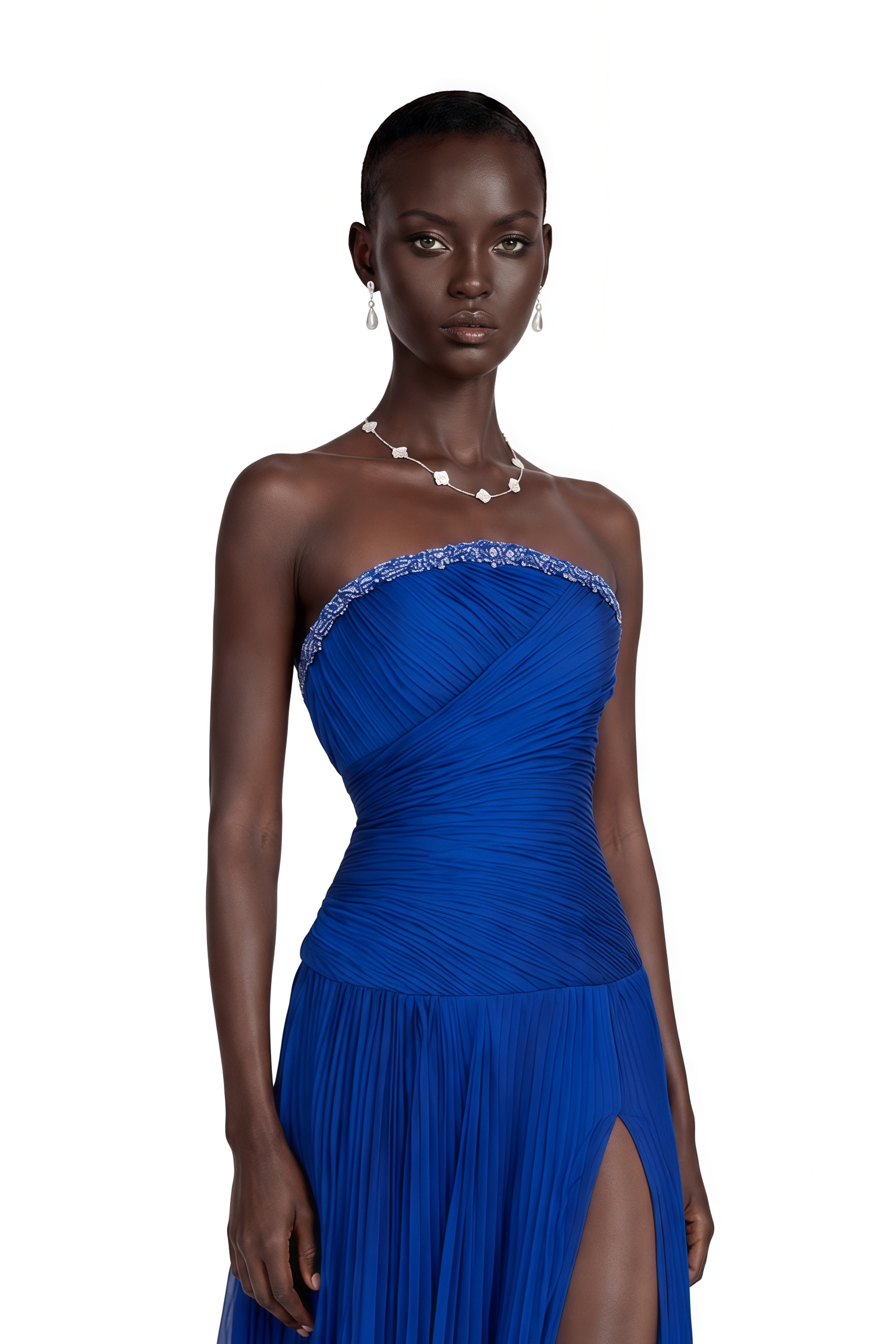 Kassandra Blue Rhinestone Pleated Maxi Dress