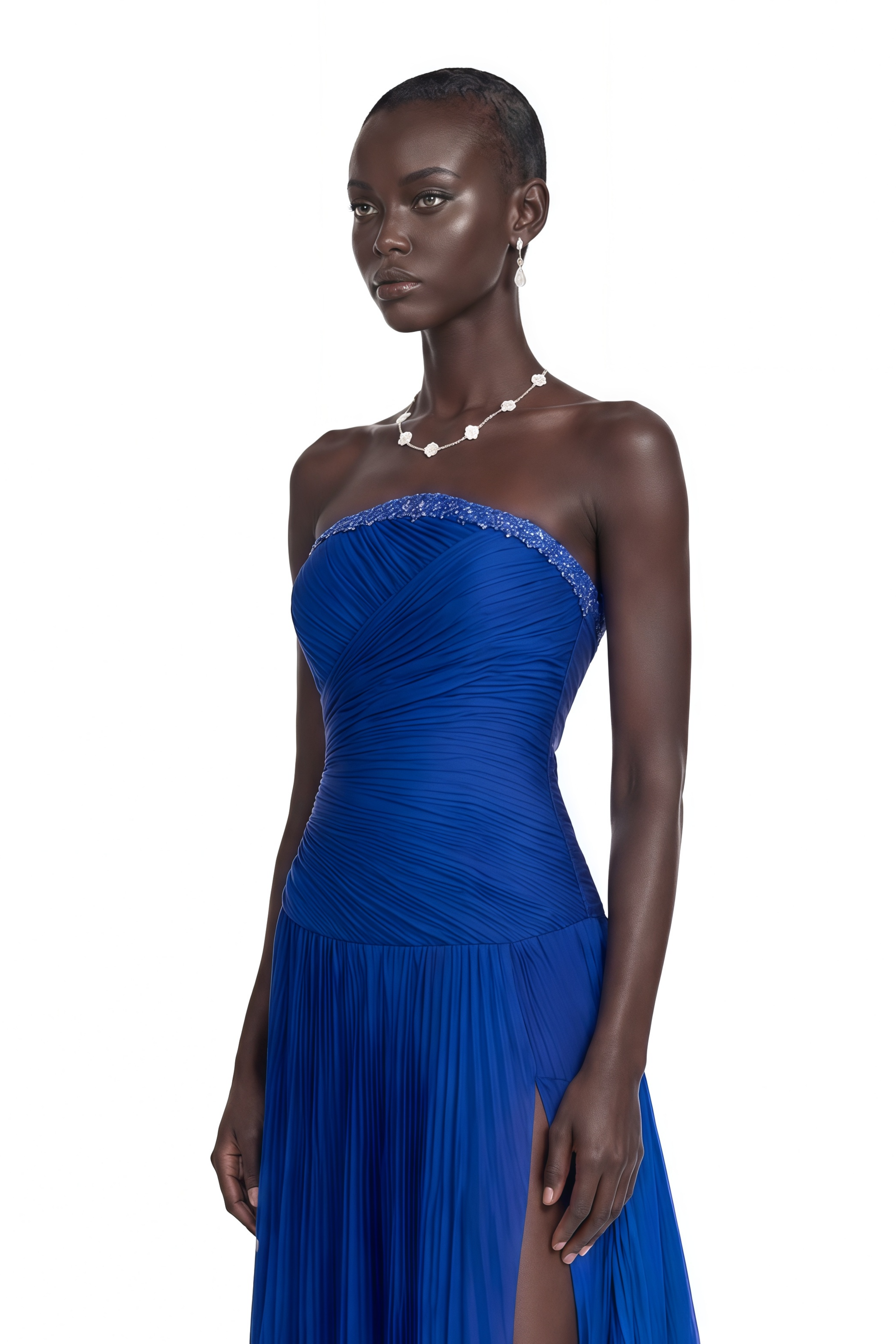 Kassandra Blue Rhinestone Pleated Maxi Dress
