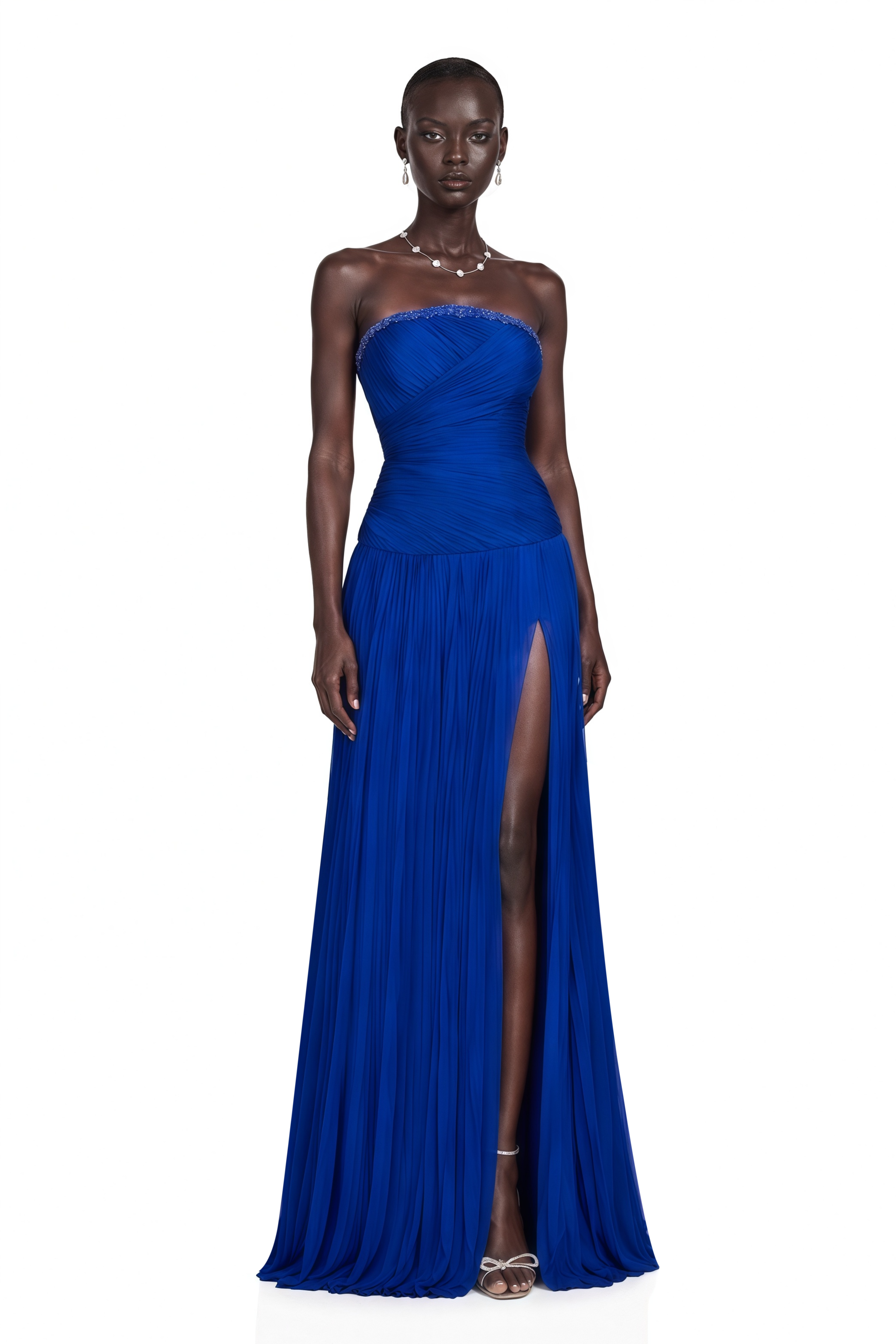 Kassandra Blue Rhinestone Pleated Maxi Dress