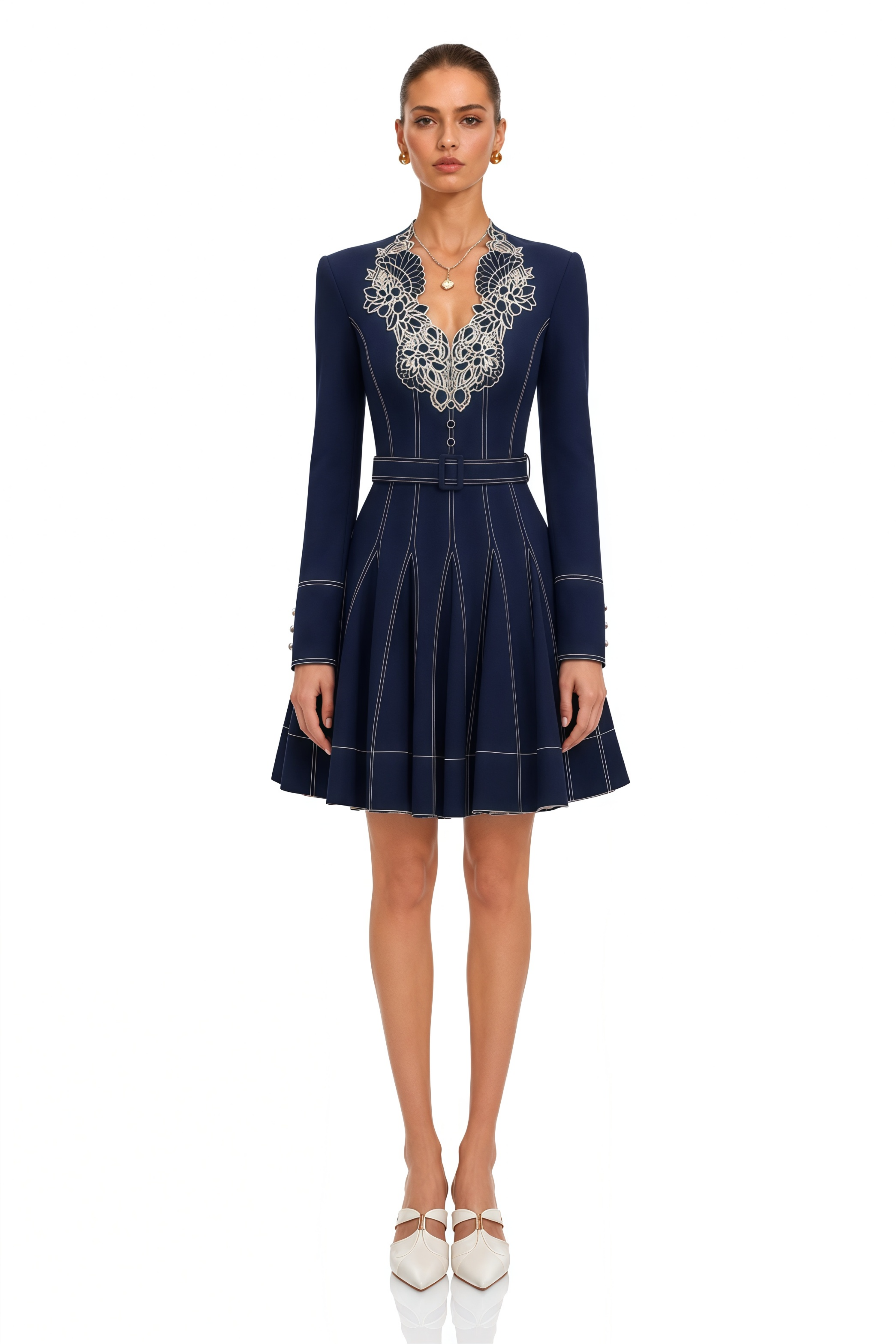 Katarina Navy Blue Flared Mini Dress with Floral Collar – Miss Rosier