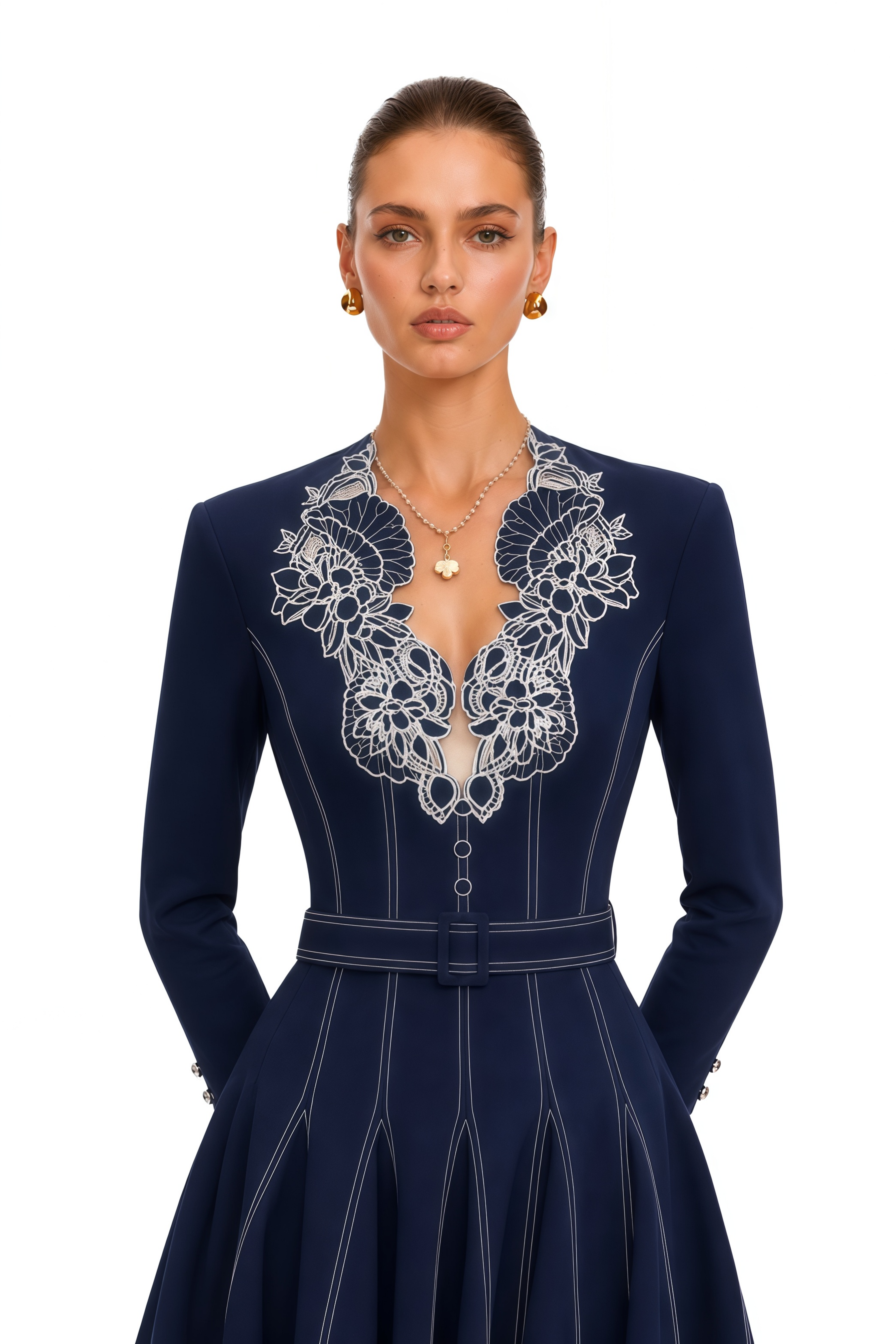 Katarina Navy Blue Flared Mini Dress with Floral Collar