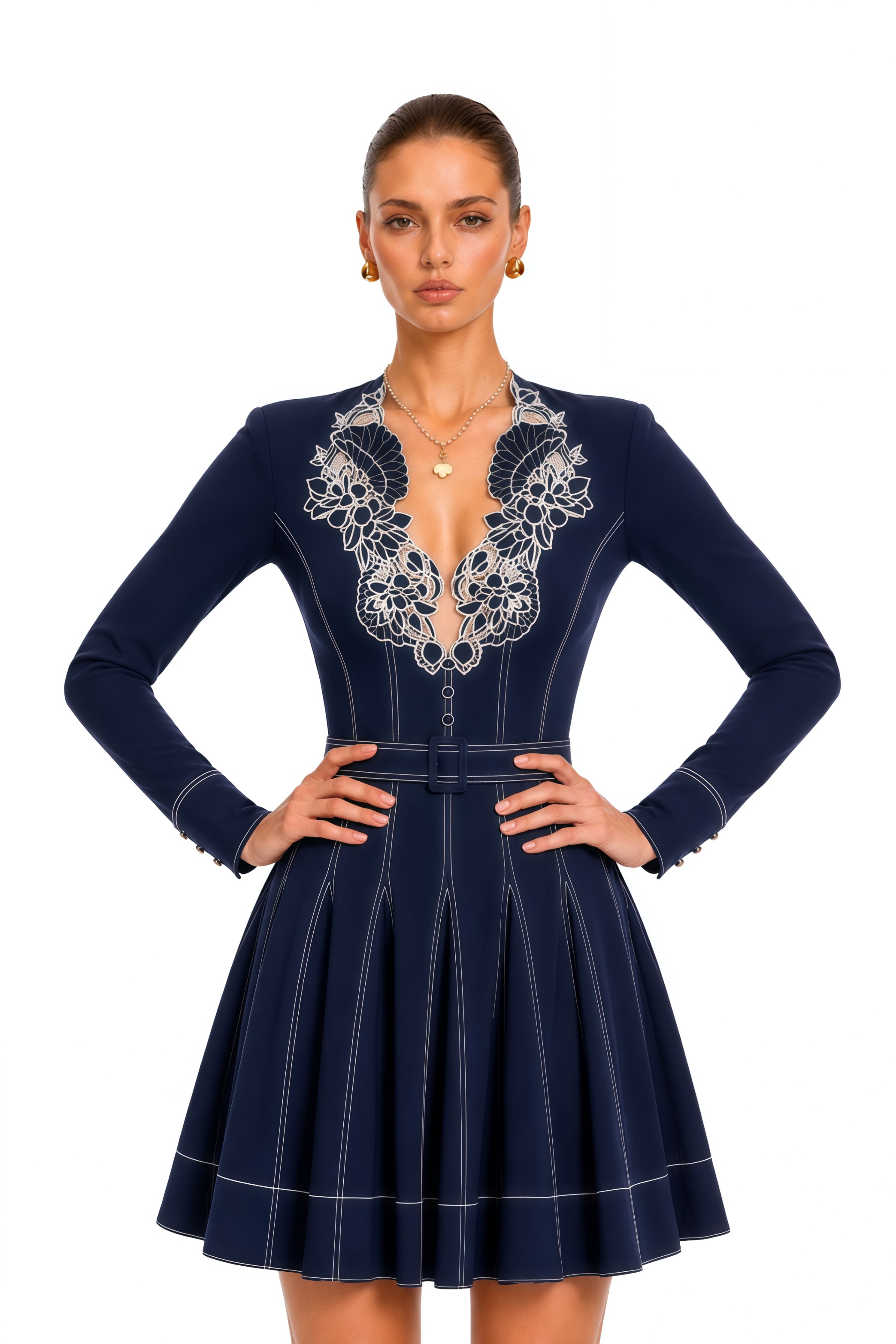 Katarina Navy Blue Flared Mini Dress with Floral Collar