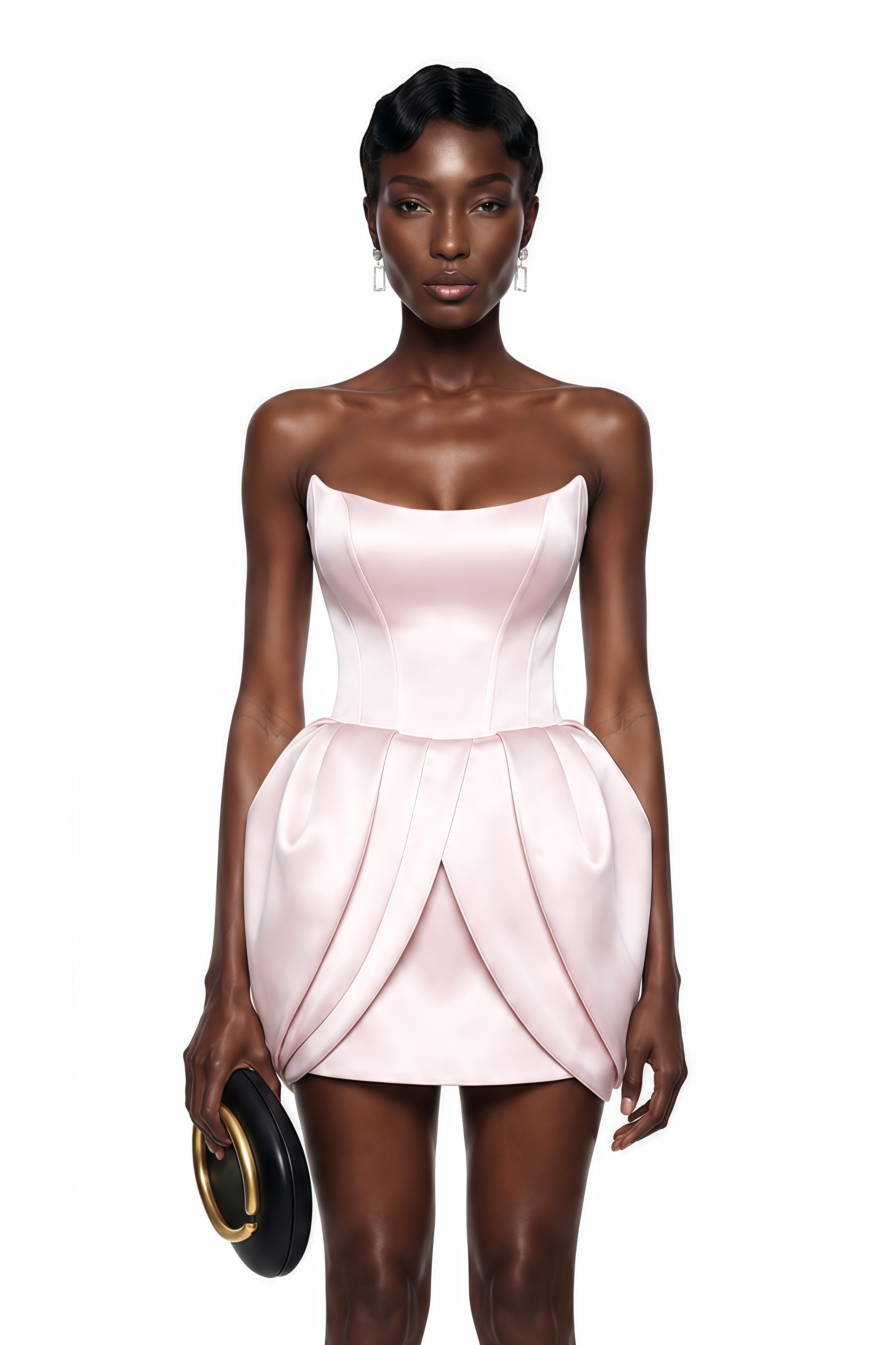 Light pink strapless satin mini dress with a structured tulip skirt