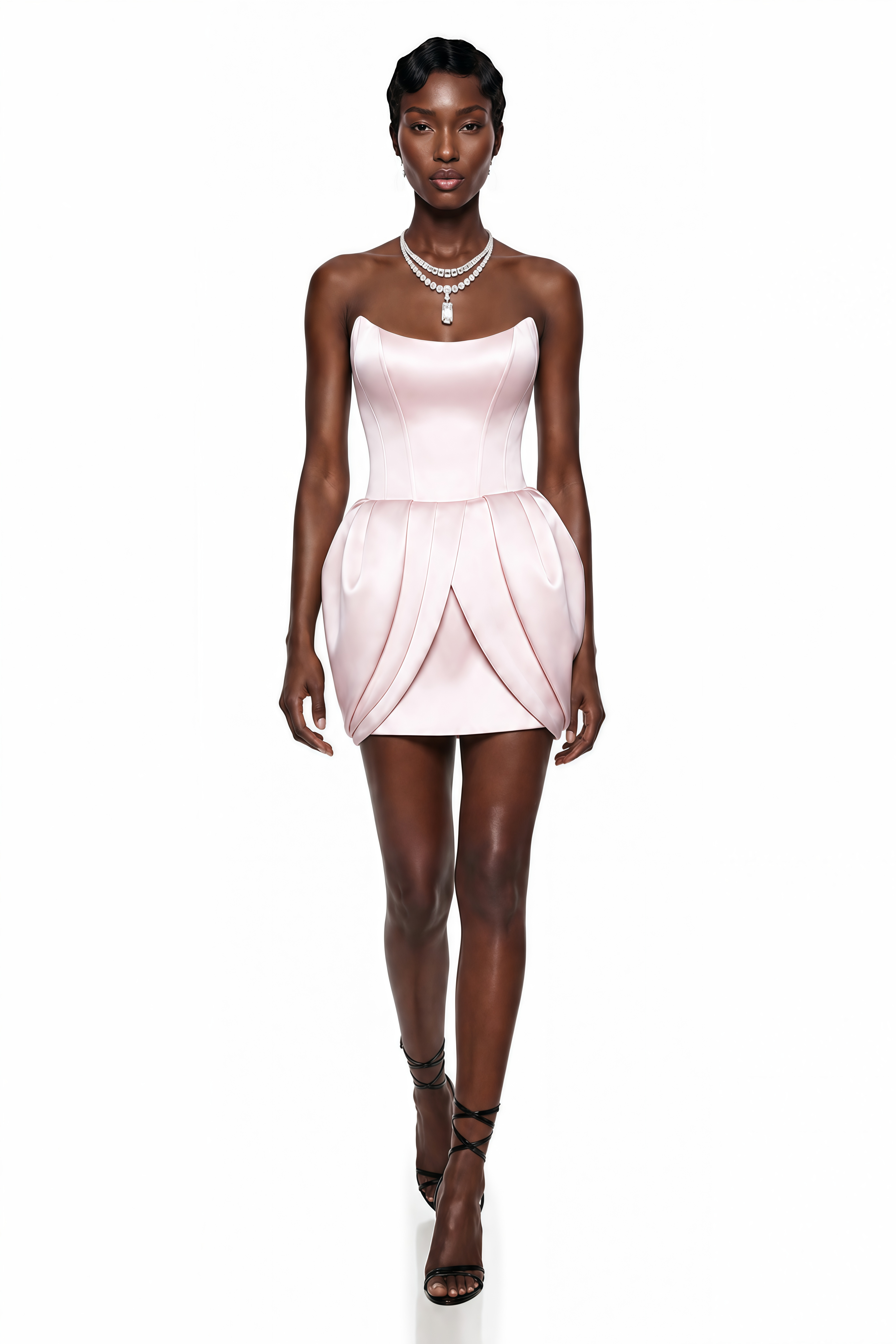 Light pink strapless satin mini dress with a structured tulip skirt