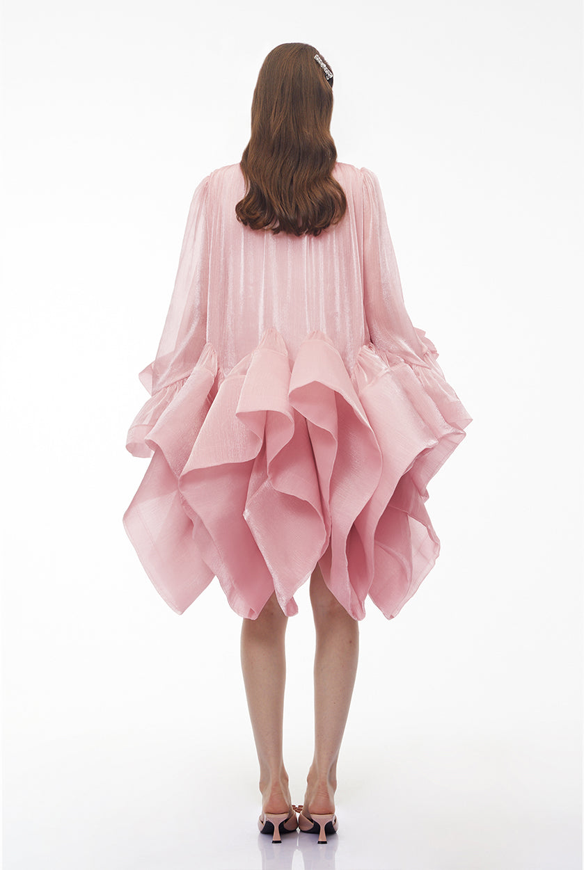 Pink organza high-low mini dress featuring a pleated bodice and a dramatic multi-layered ruffled skirt