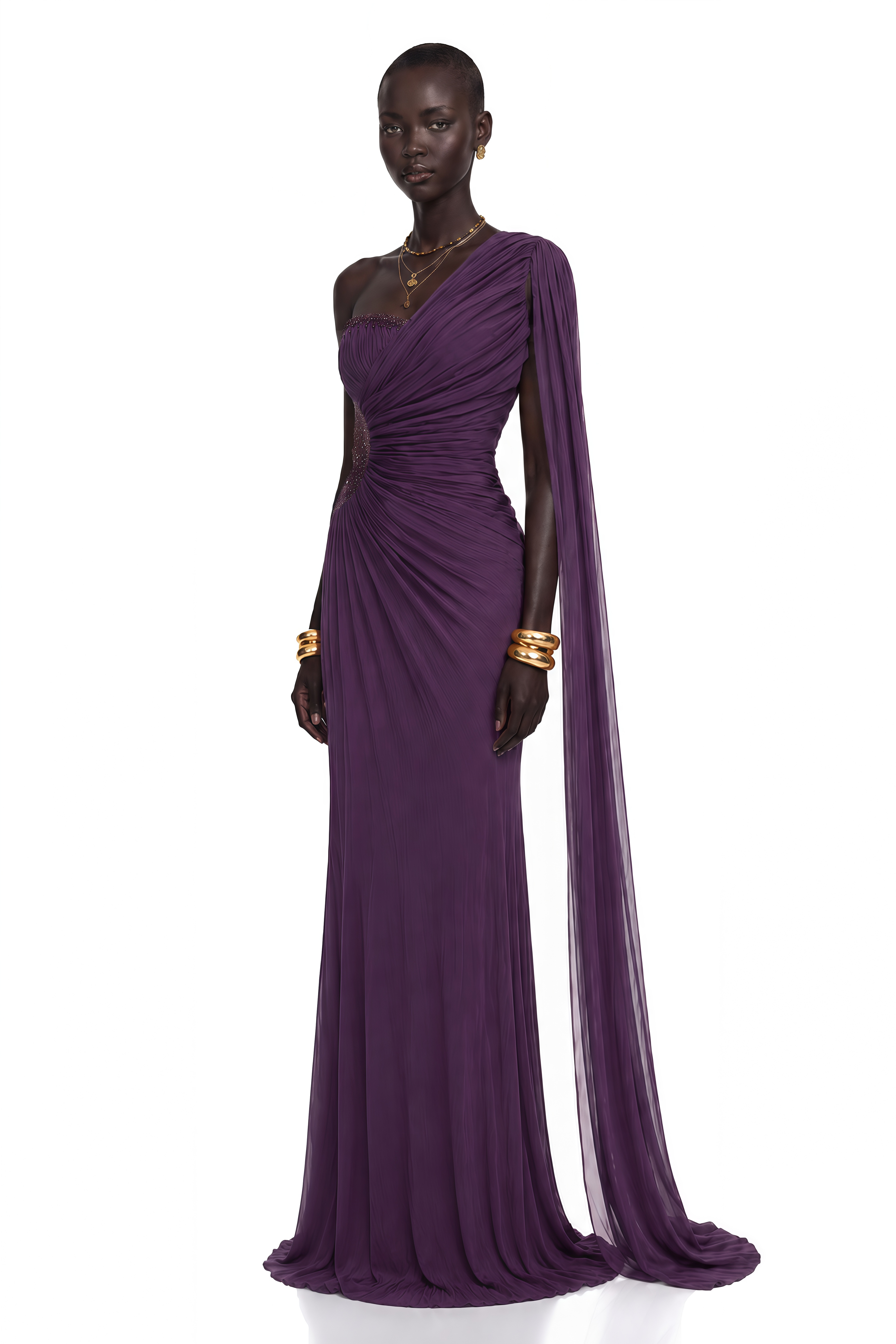 Deep purple one-shoulder maxi dress with a draped cape overlay and side cutout