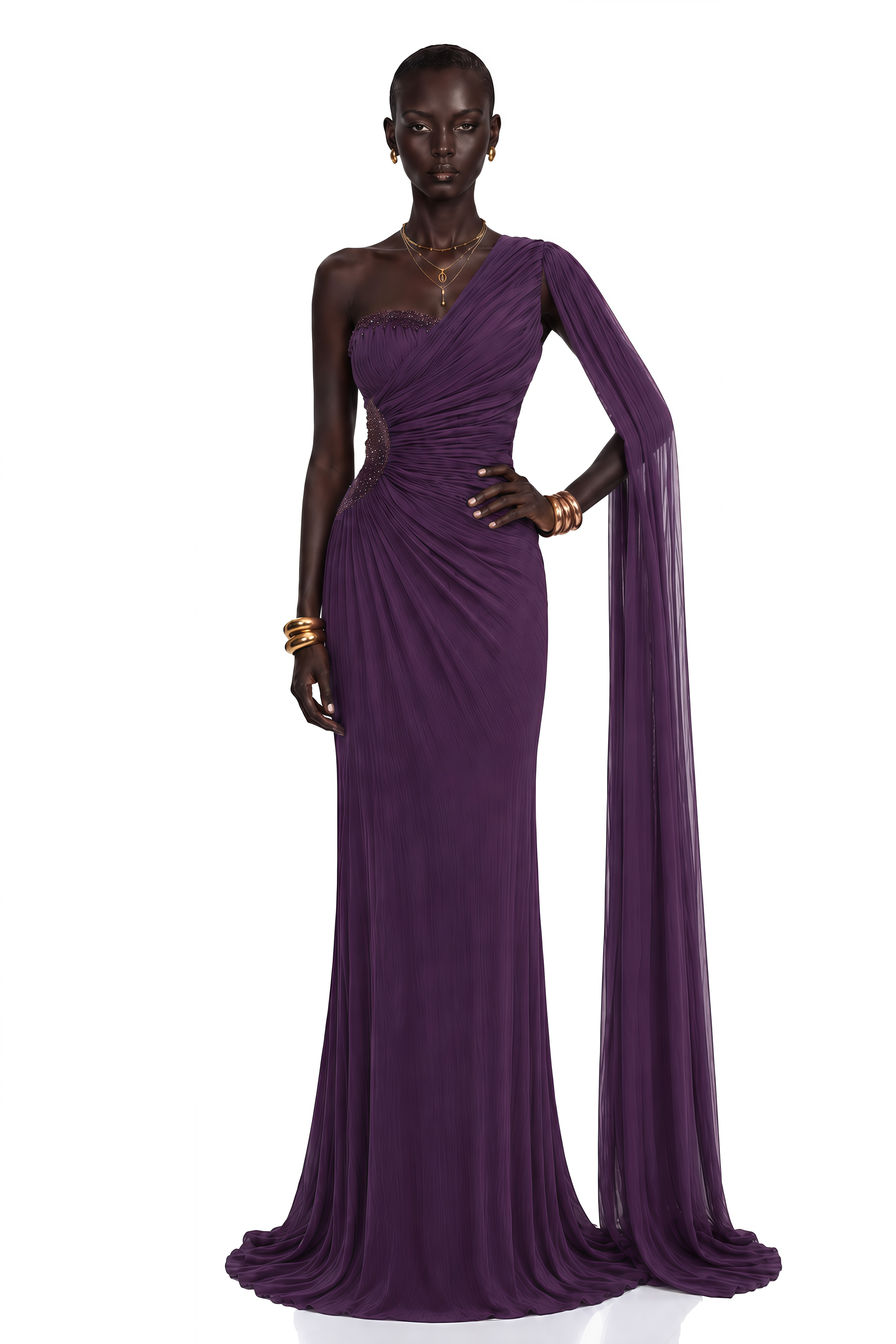 Deep purple one-shoulder maxi dress with a draped cape overlay and side cutout