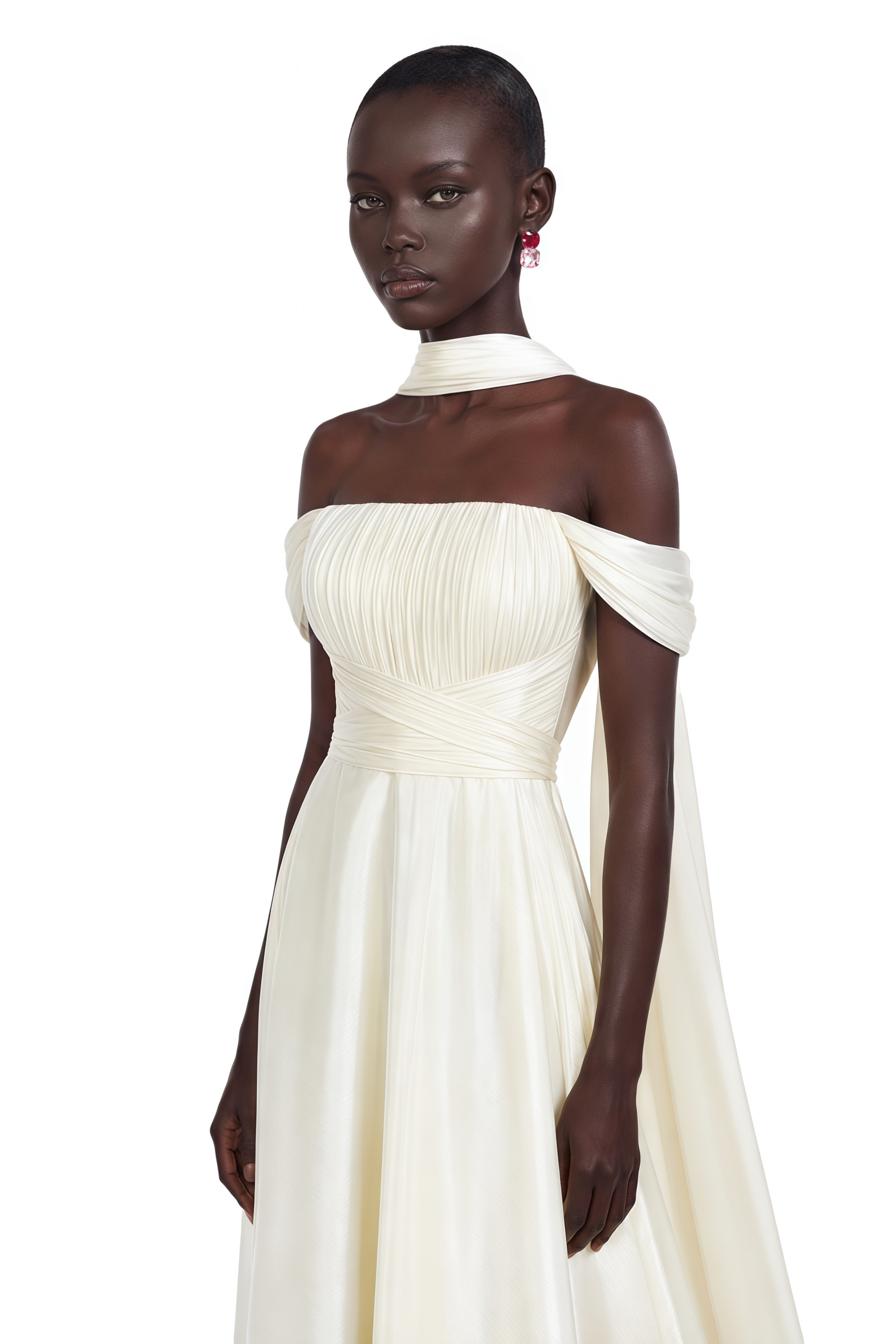 Kereru White Off-shoulder Pleated Gloosy Maxi Dress