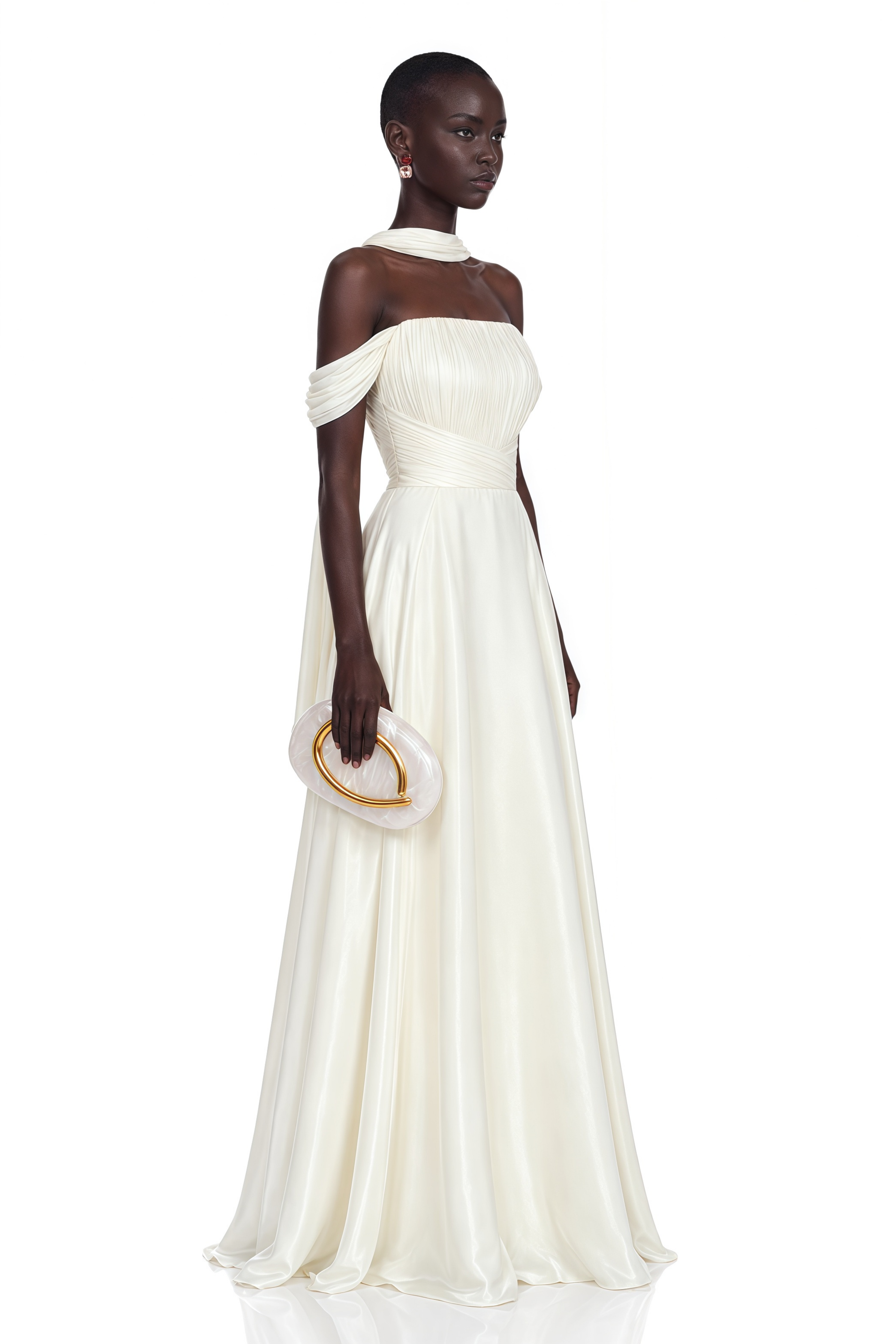 Kereru White Off-shoulder Pleated Gloosy Maxi Dress