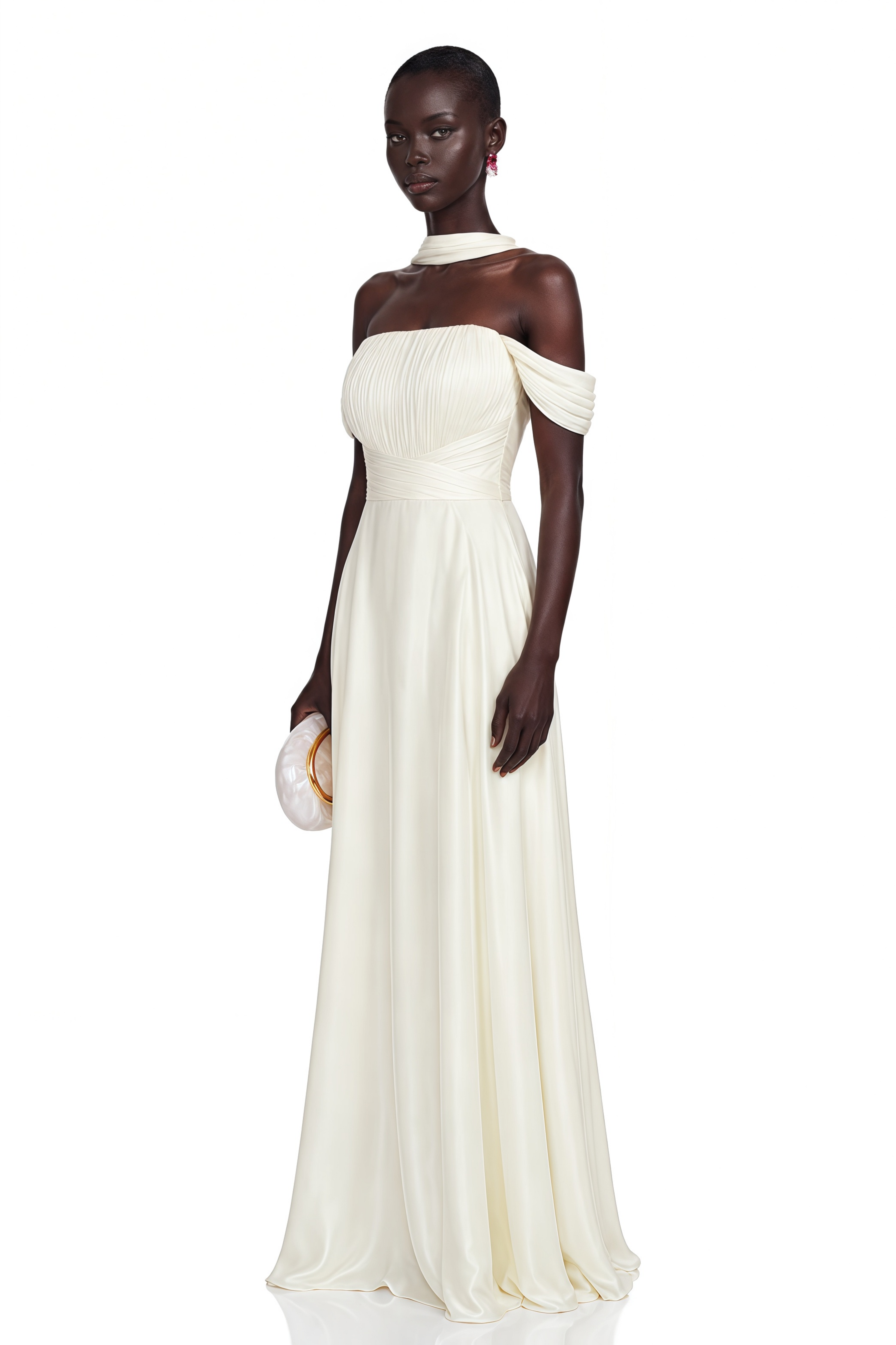 Kereru White Off-shoulder Pleated Gloosy Maxi Dress
