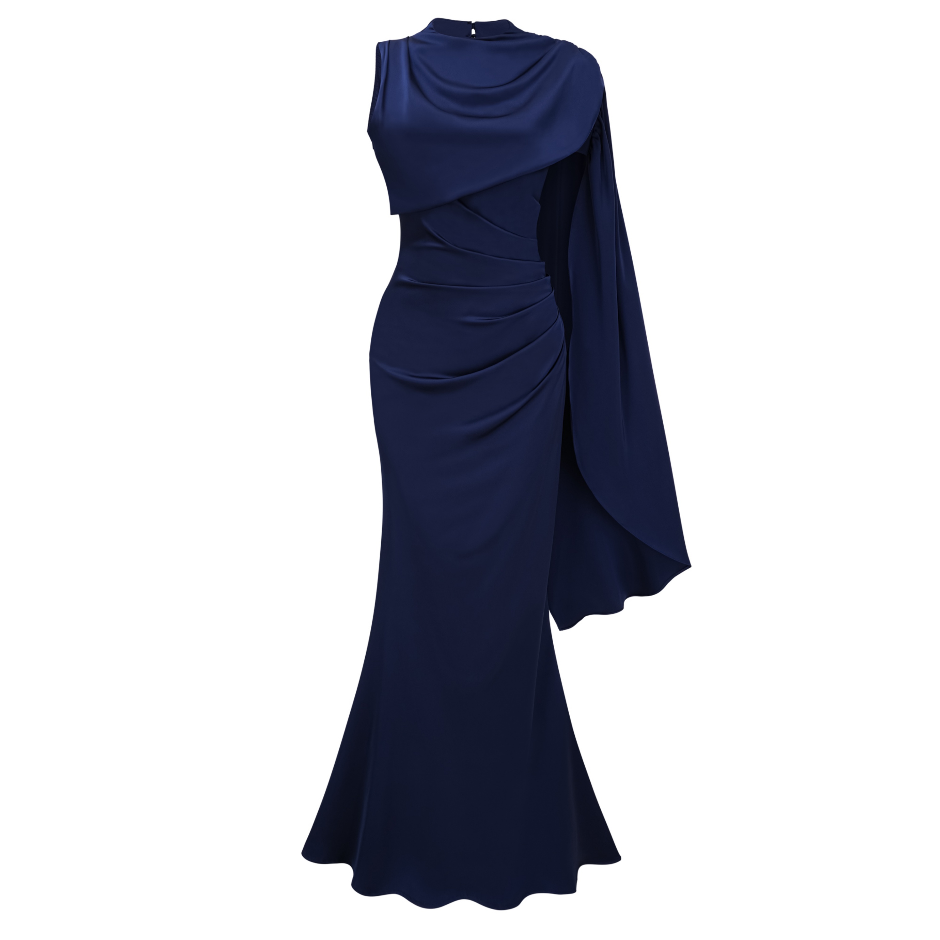 Kerttu Navy Blue Ruched Maxi Dress with Asymmetrical Sleeves