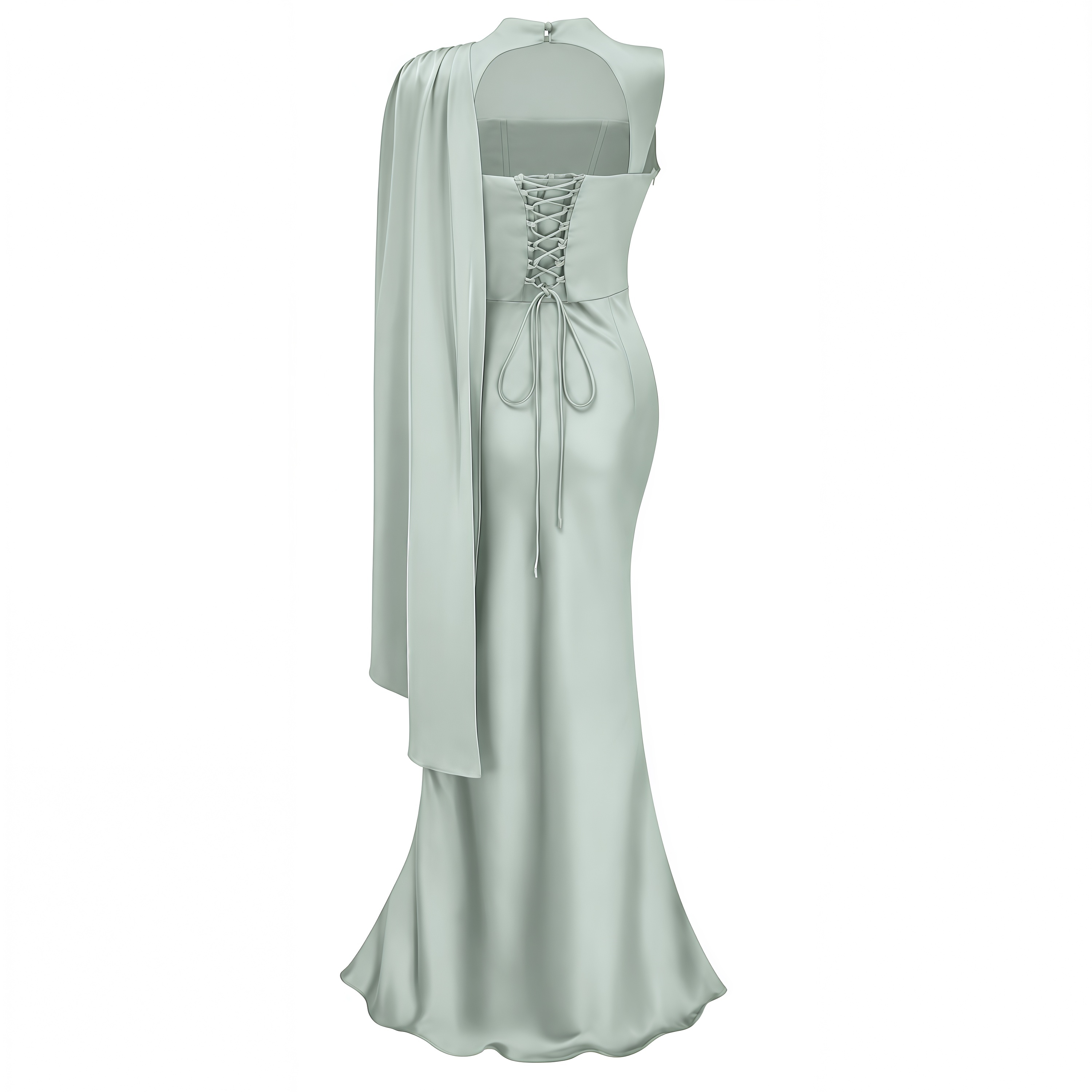 Kerttu Sage Green Ruched Maxi Dress with Asymmetrical Sleeves