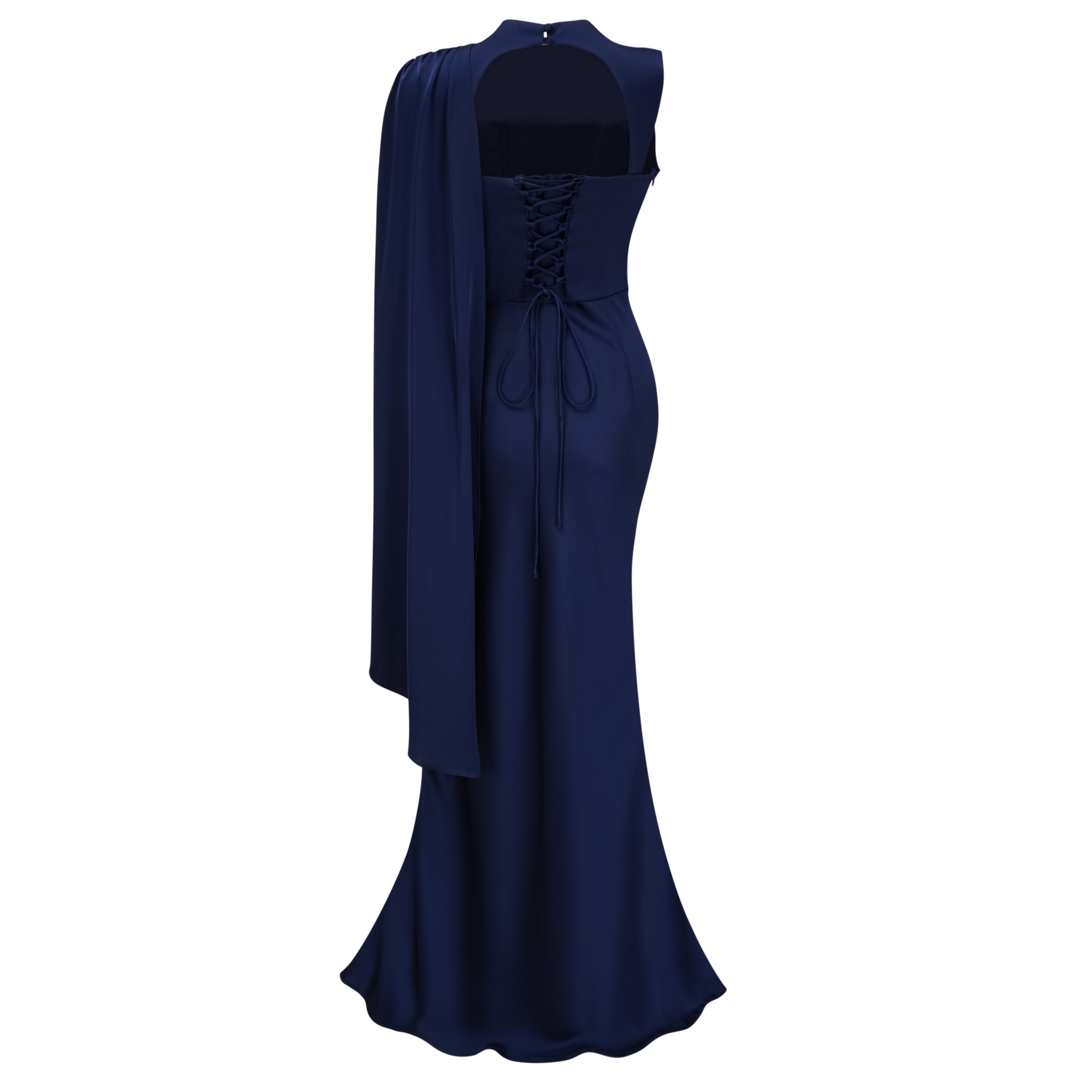 Kerttu Navy Blue Ruched Maxi Dress with Asymmetrical Sleeves
