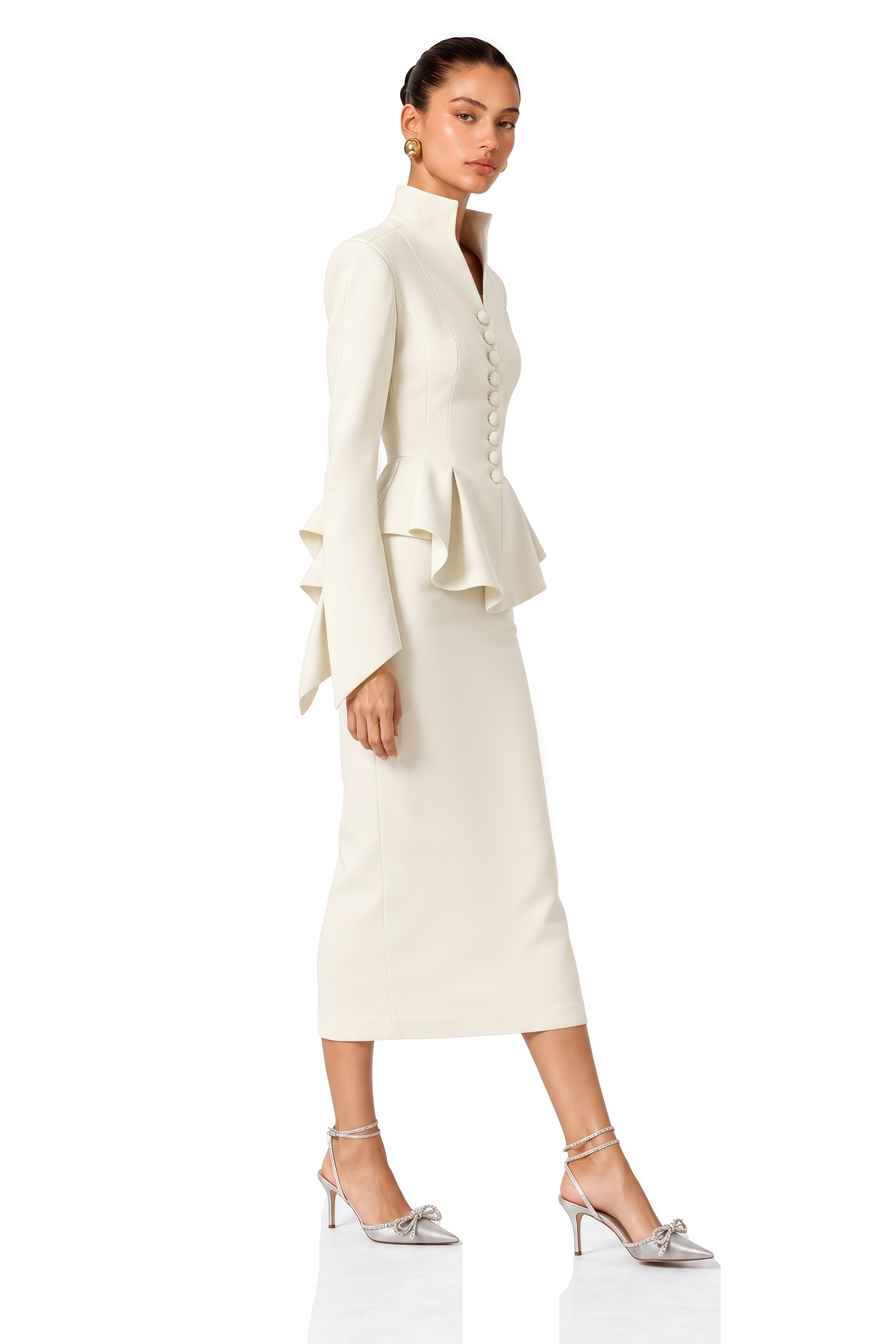 Kiara Ivory Structured Peplum Blazer & Midi Skirt Set