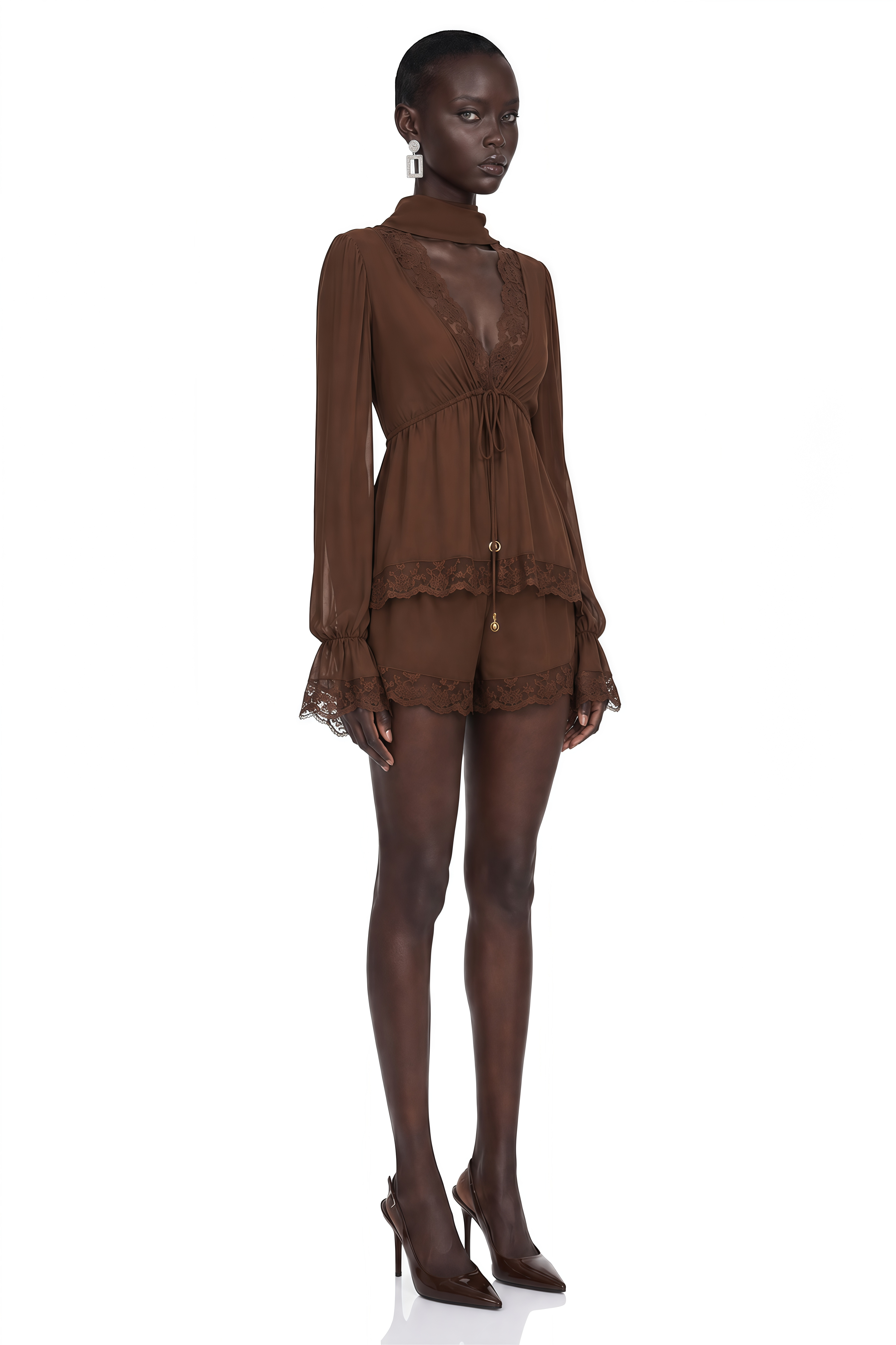 Kinsley Brown Plunge Neck Puff Sleeve Blouse