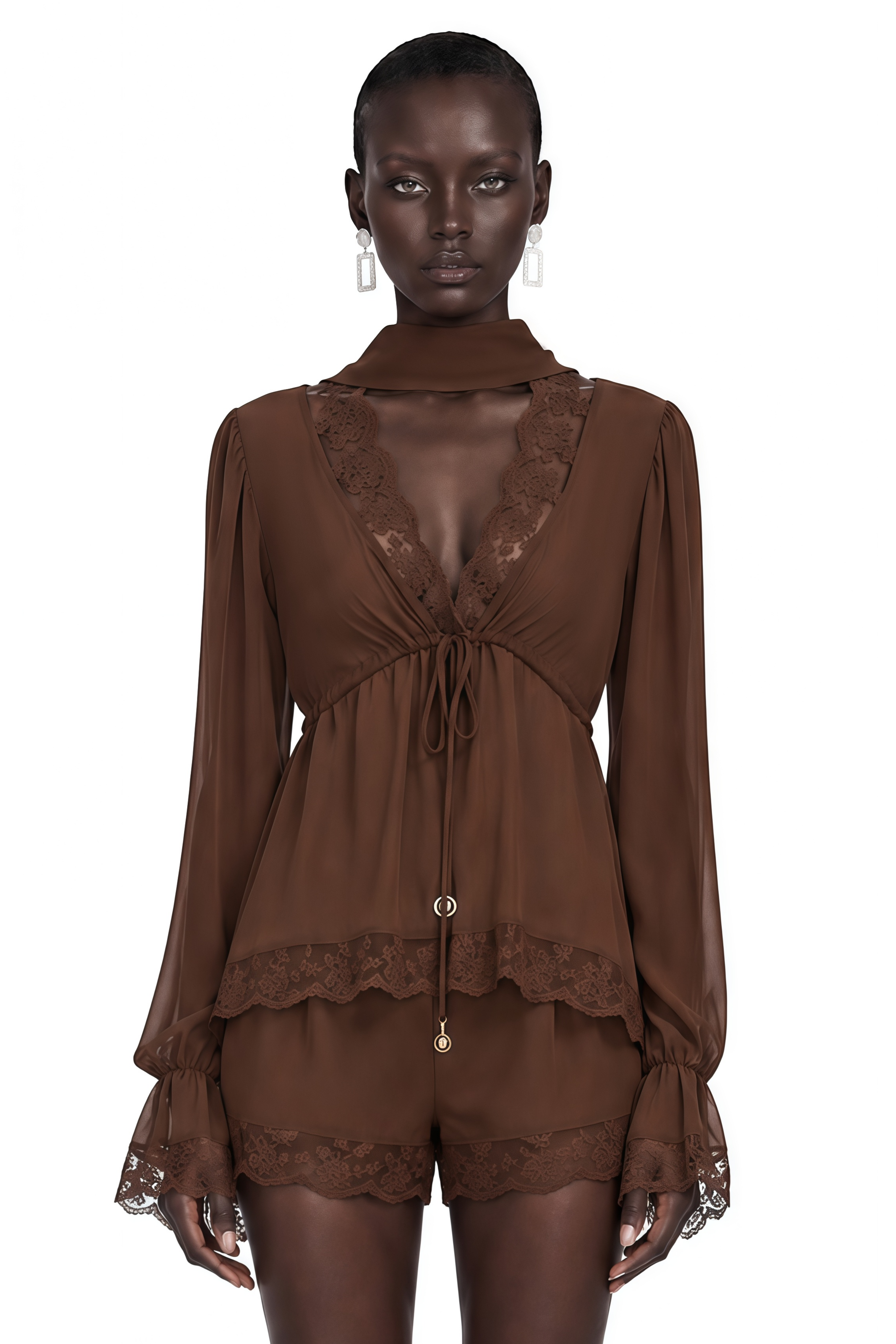 Kinsley Brown Plunge Neck Puff Sleeve Blouse