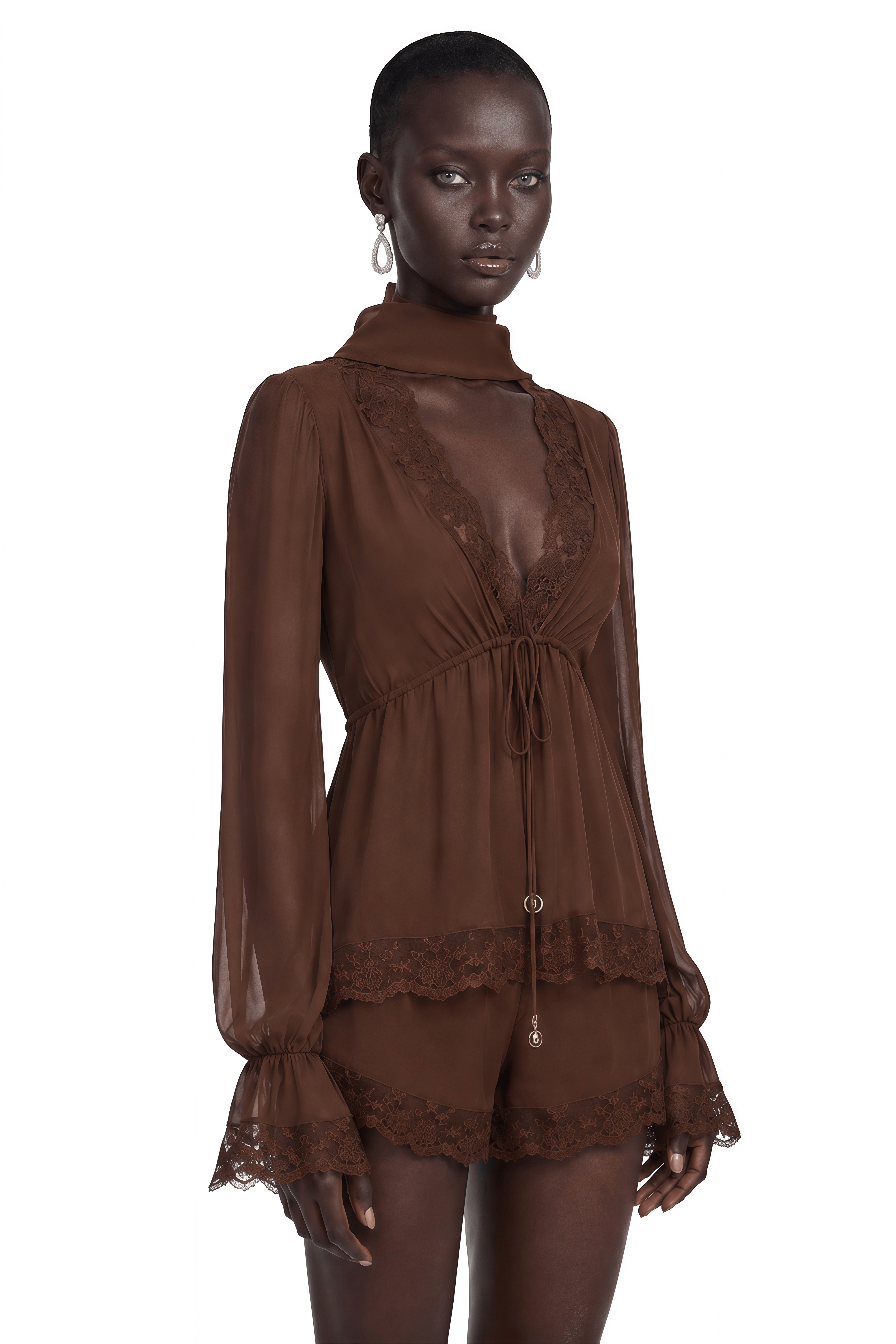 Kinsley Brown Plunge Neck Puff Sleeve Blouse