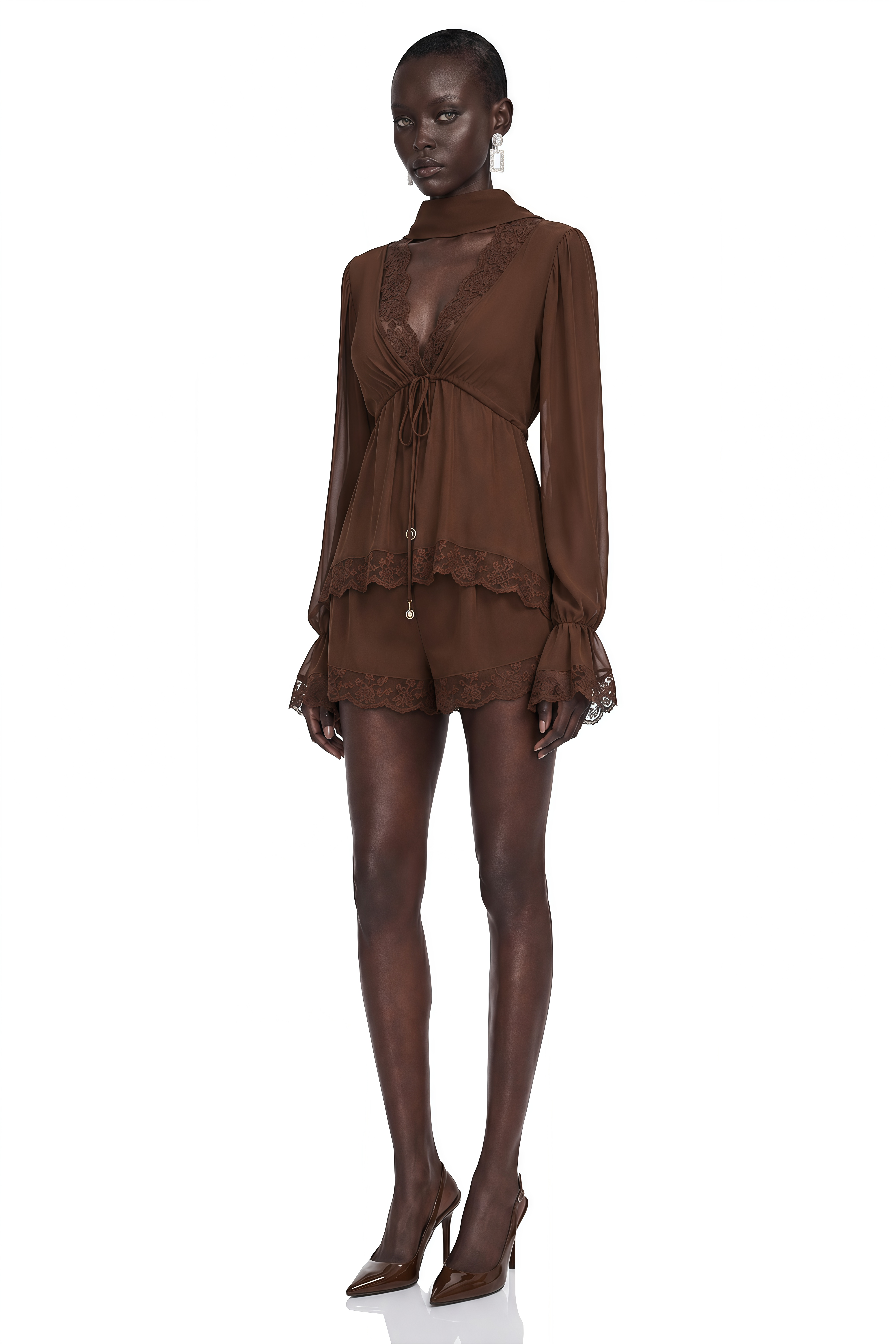 Kinsley Brown Plunge Neck Puff Sleeve Blouse