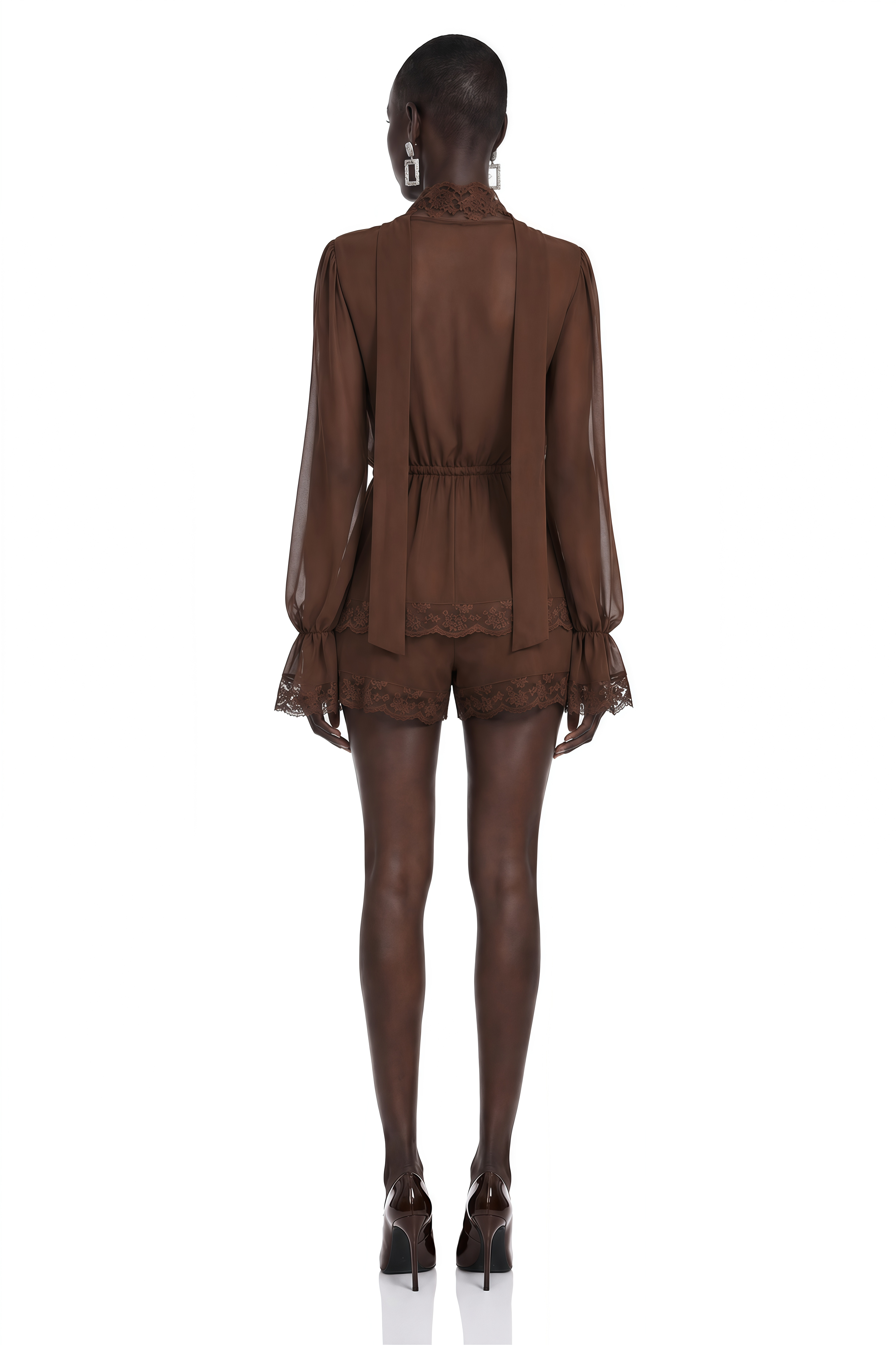 Kinsley Brown Plunge Neck Puff Sleeve Blouse
