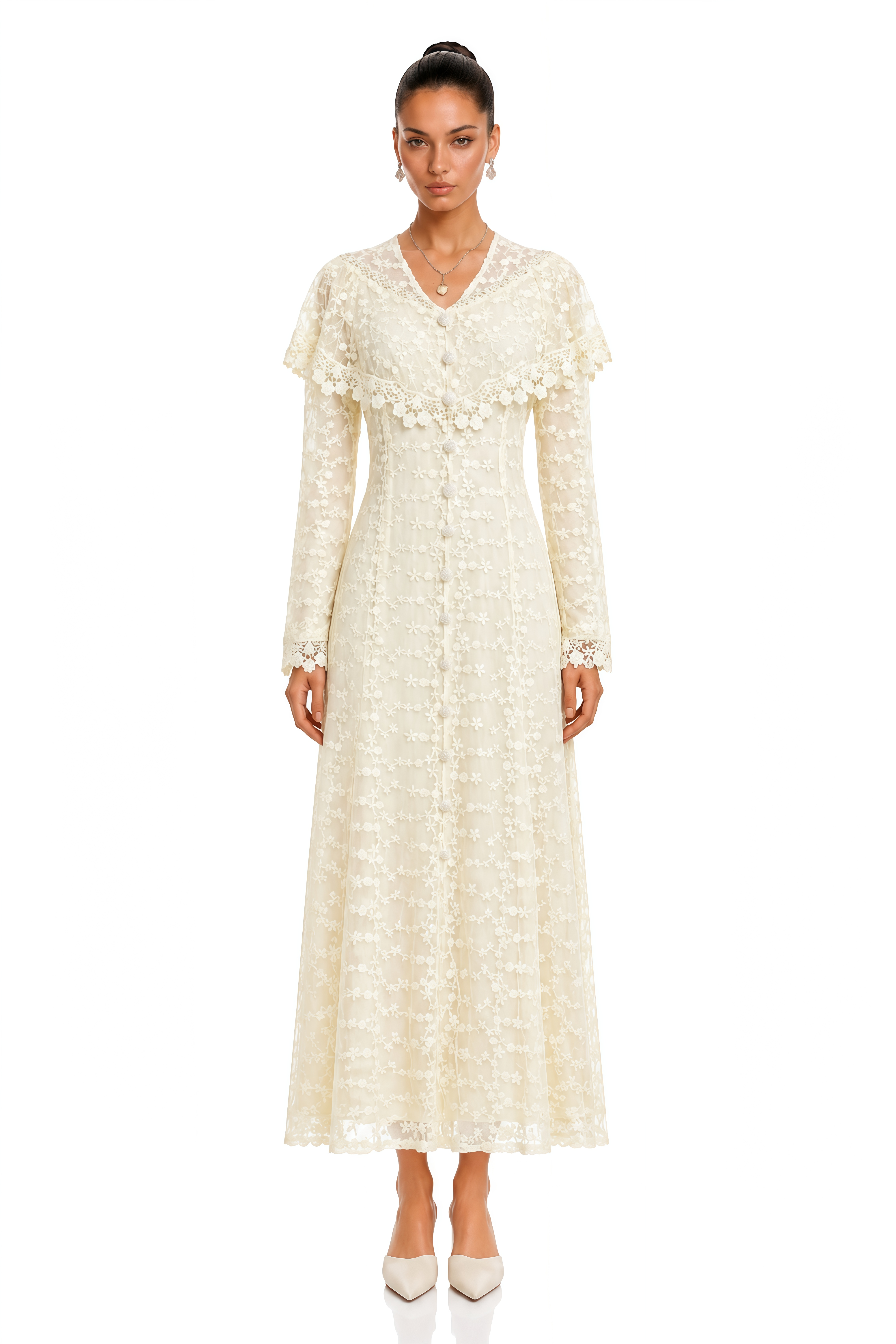 Kira Neutral Lace Button-Front Maxi Dress