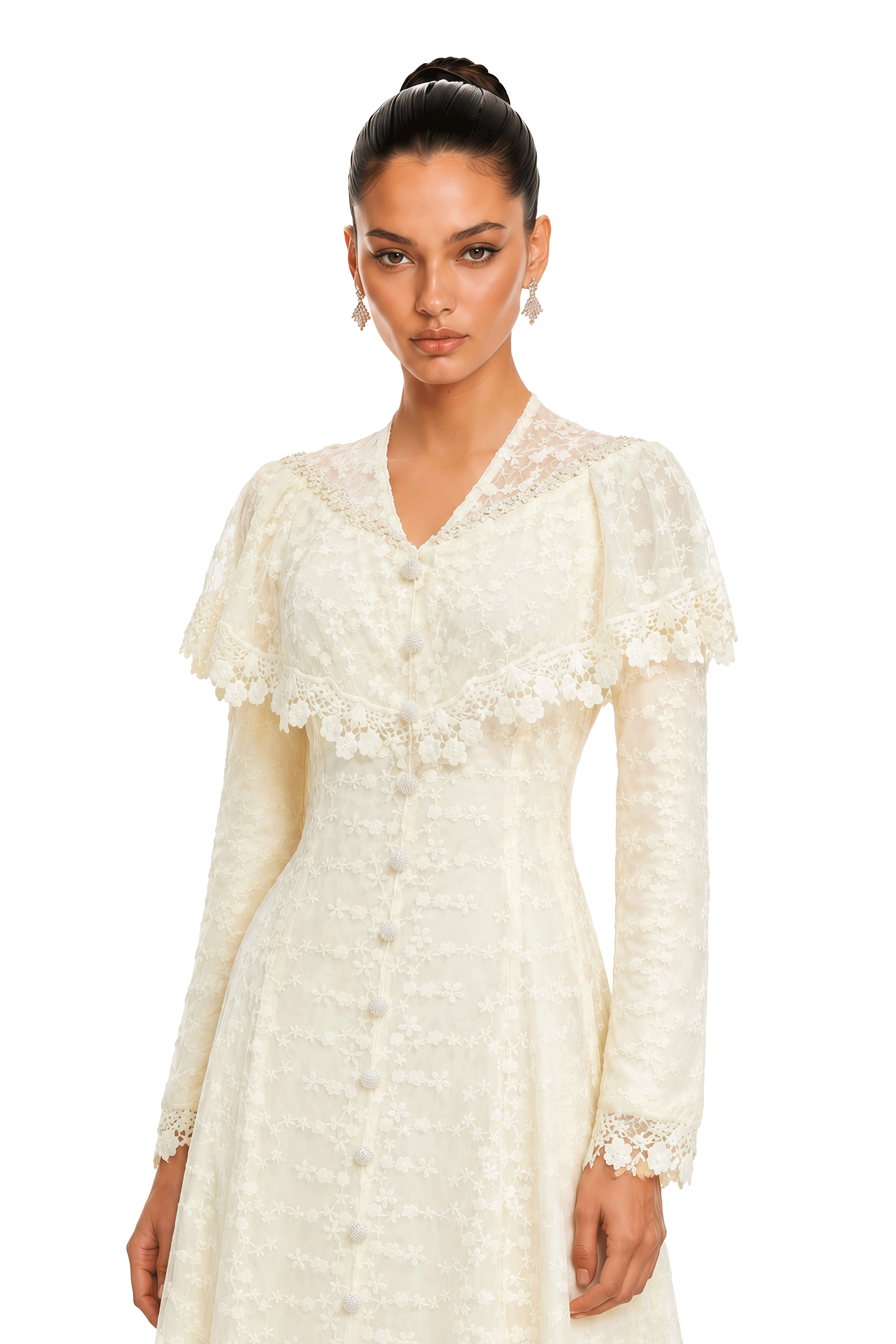 Kira Neutral Lace Button-Front Maxi Dress