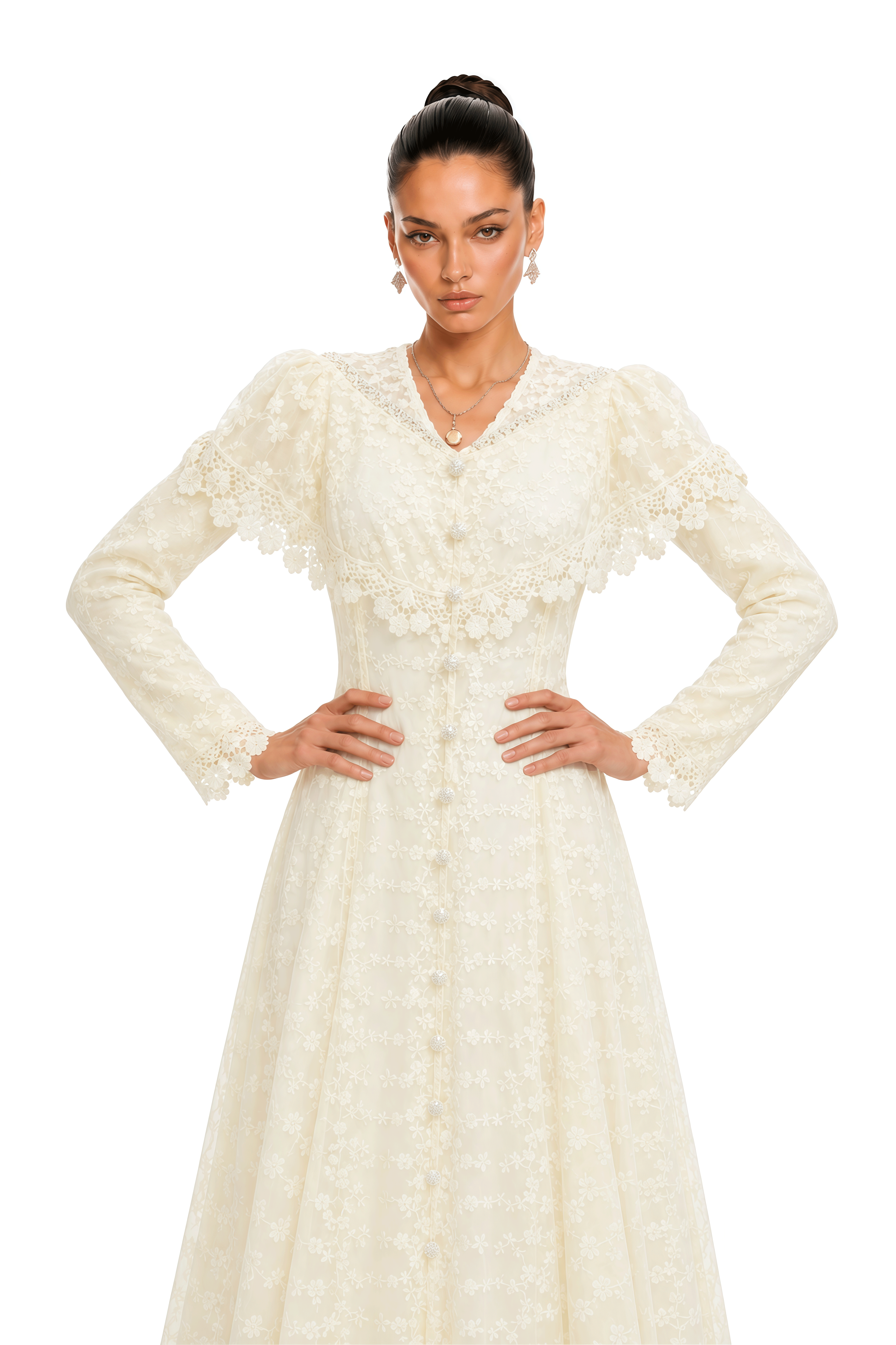 Kira Neutral Lace Button-Front Maxi Dress