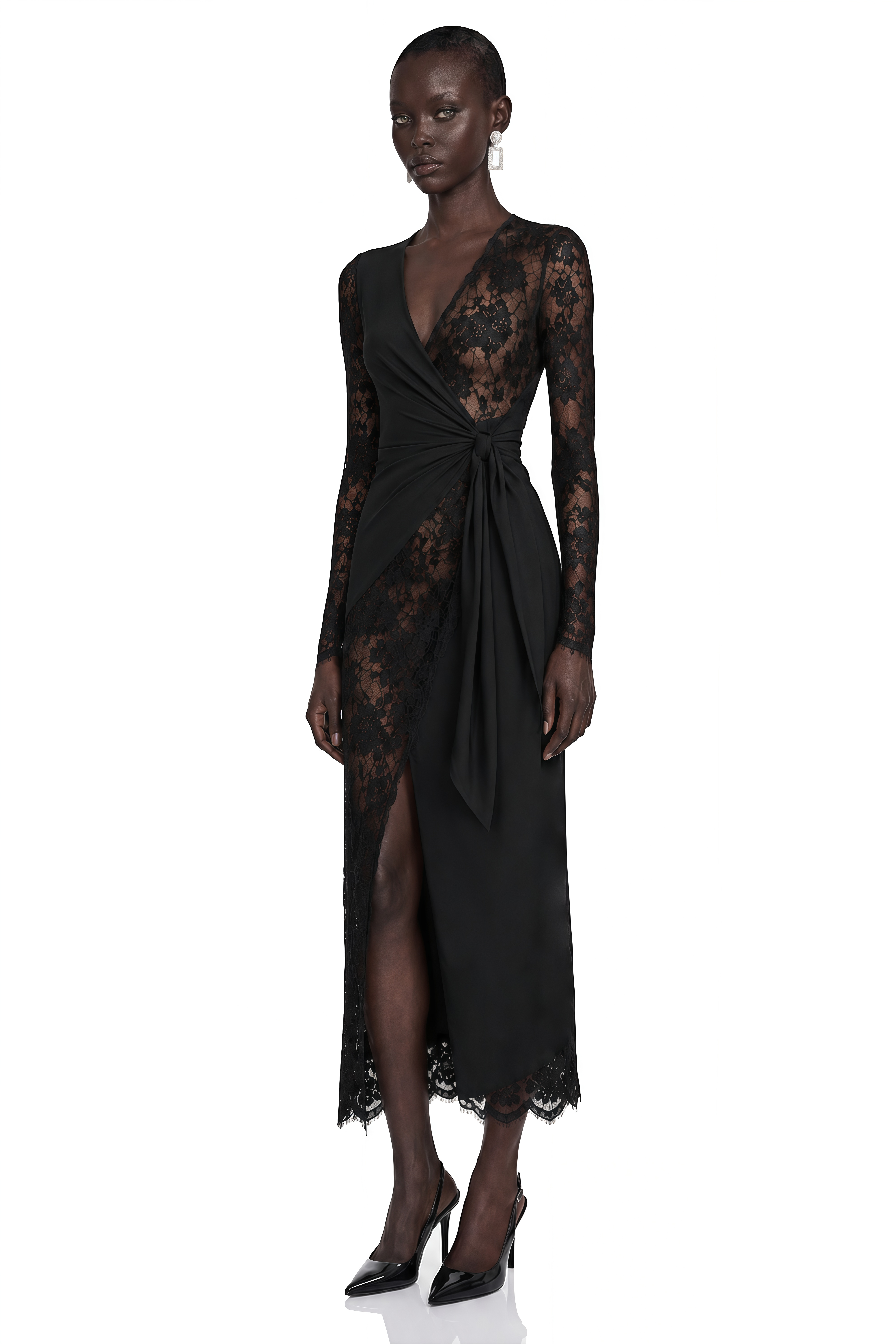 Klarity Black Lace V-Neck Long Sleeve Slit Midi Dress