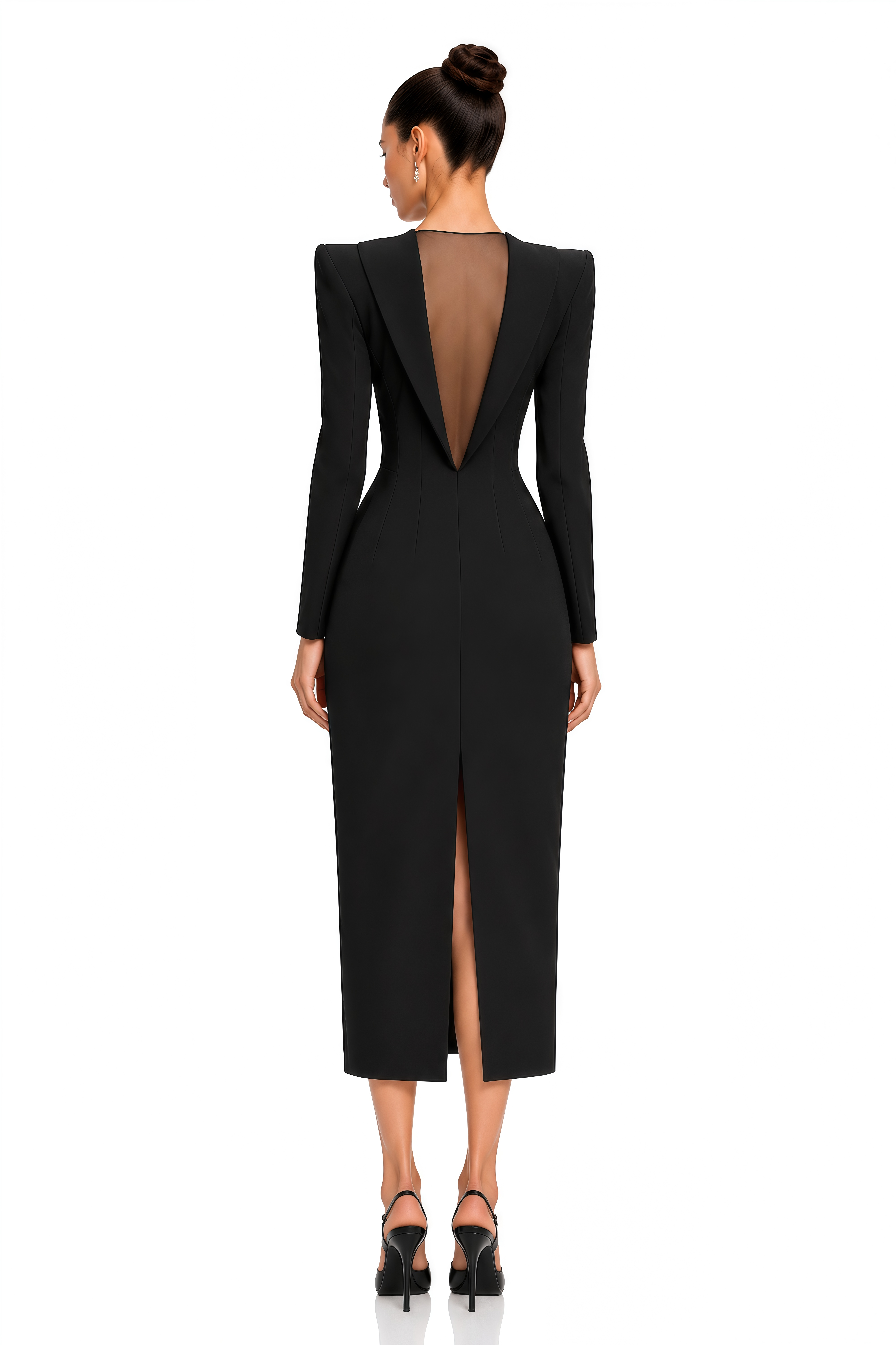Klea Black Structured Shoulder Sheer Back Midi Dress
