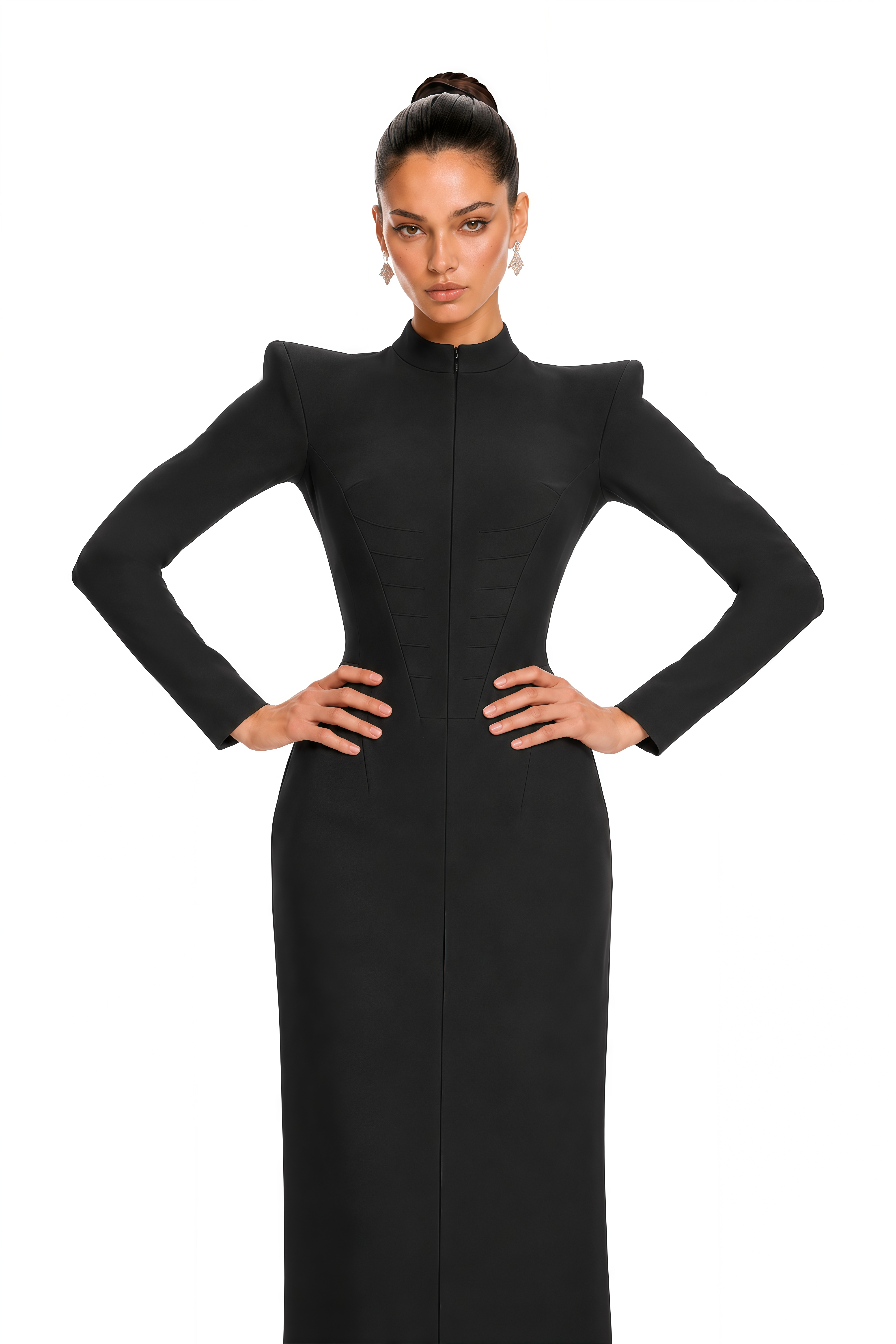 Klea Black Structured Shoulder Sheer Back Midi Dress