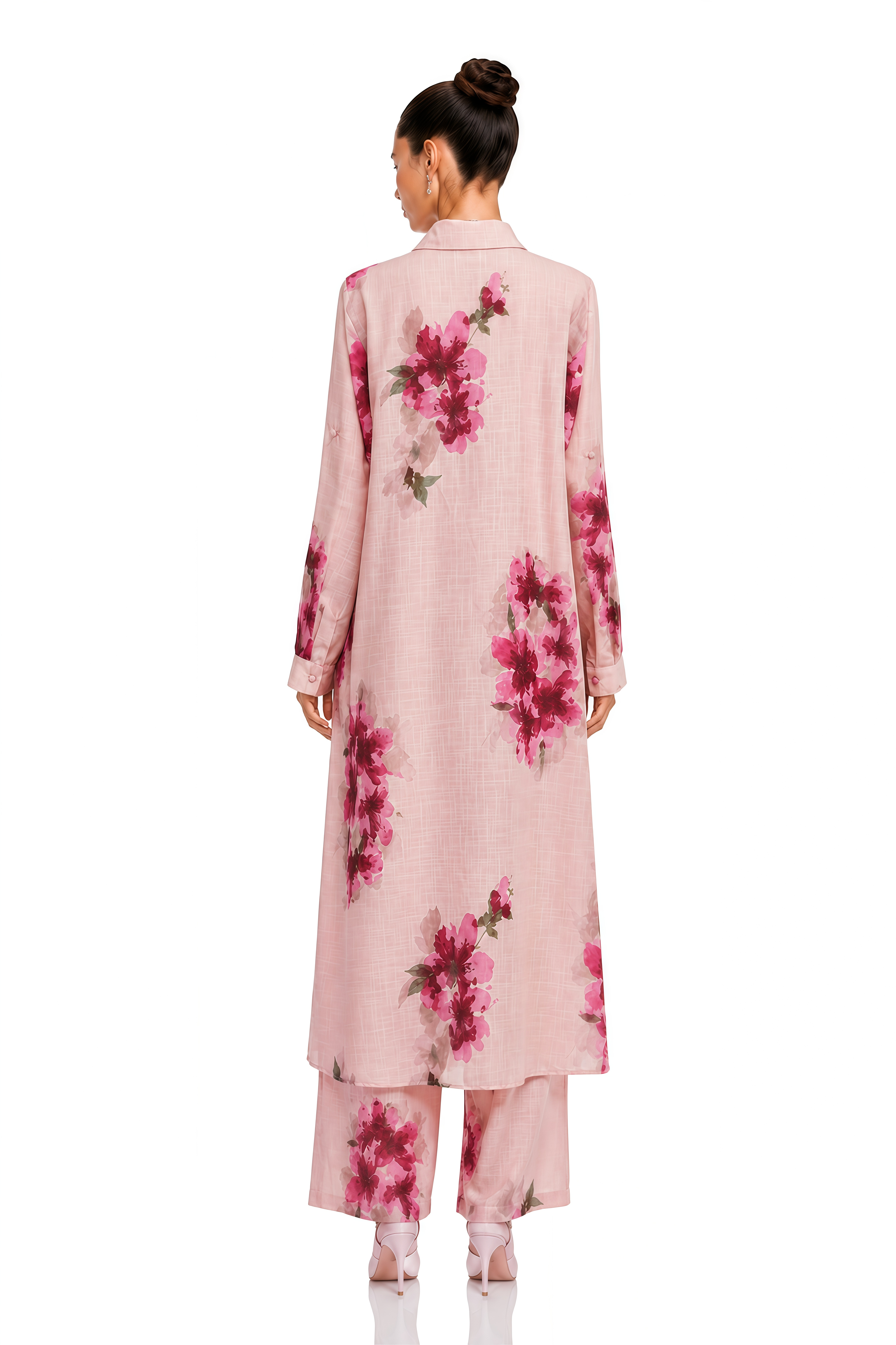 Kori Pink Floral Long Blouse & Wide-Leg Trousers Set