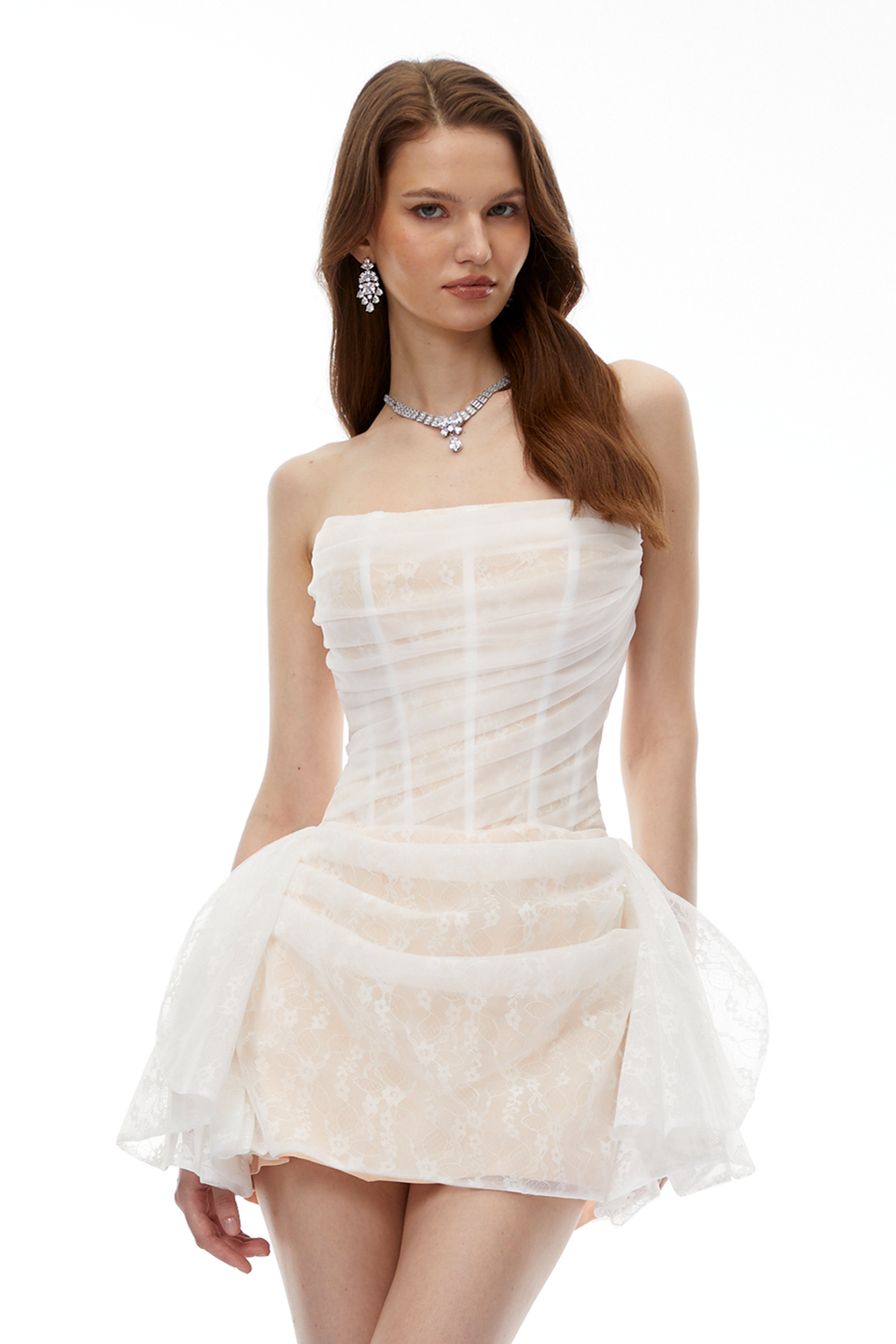 White Floral Lace Ruched Mini Dress