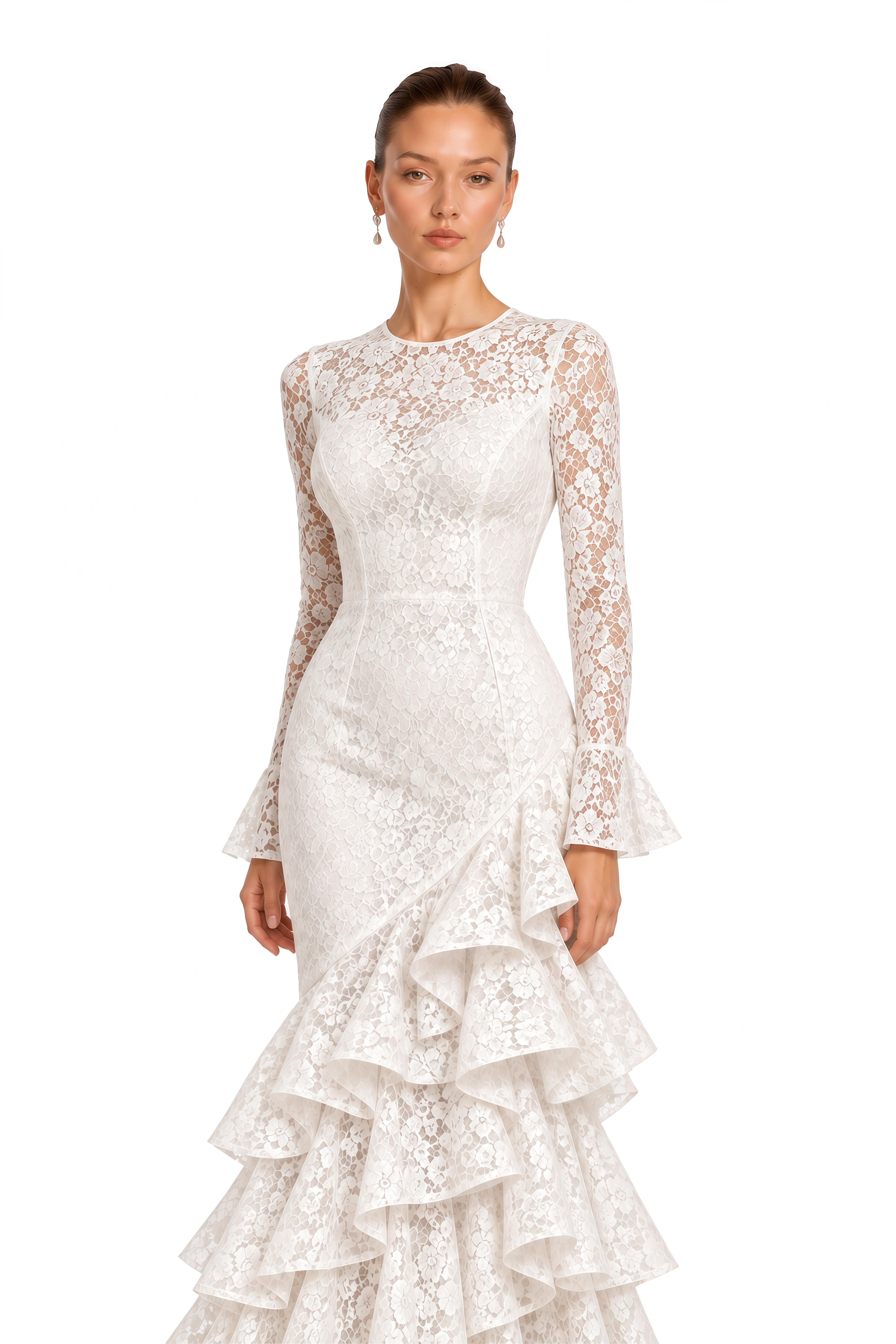 Kristina White Floral Lace Ruffle Mermaid Maxi Dress