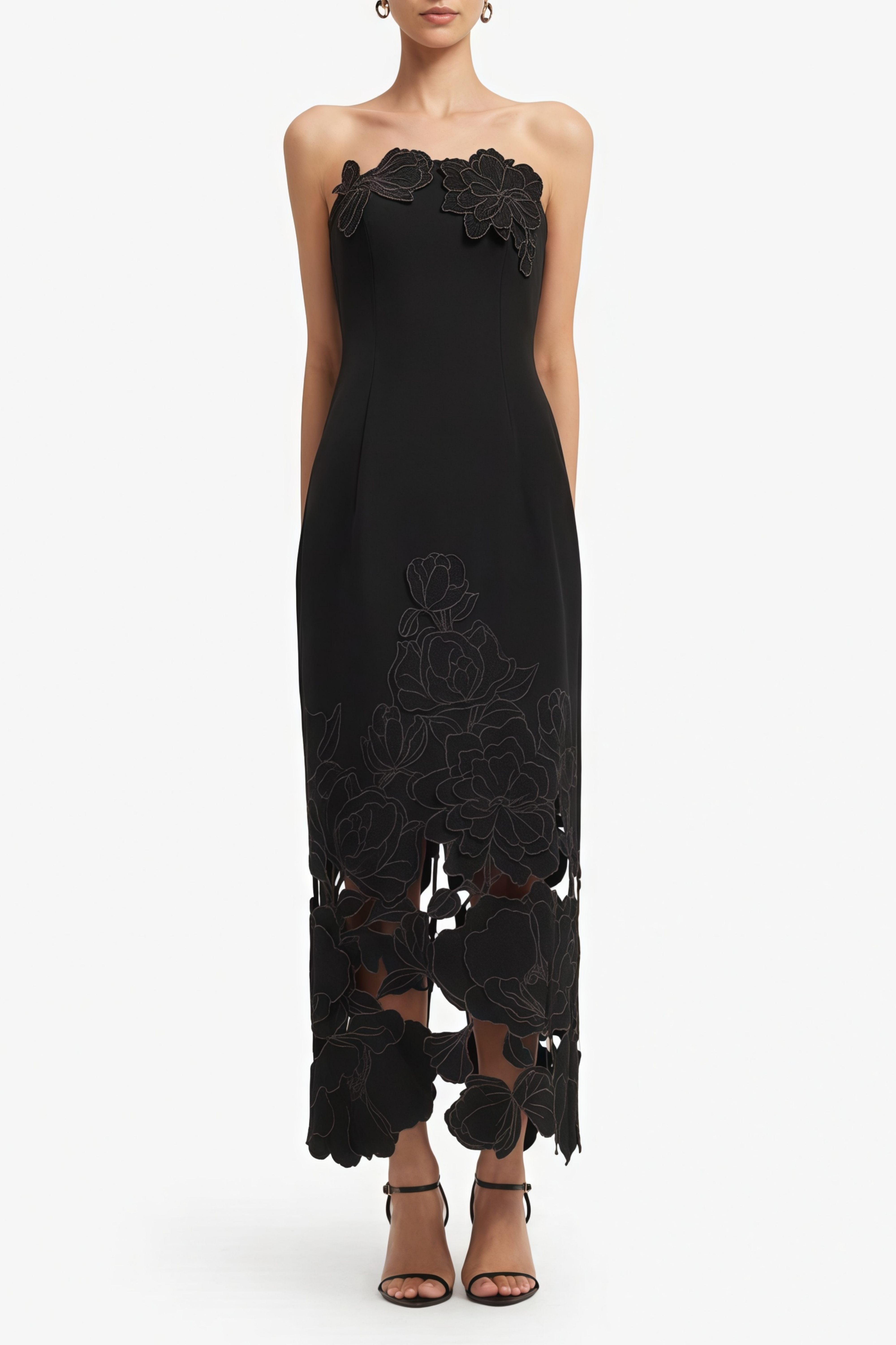 Strapless Floral Embroidered Maxi Dress