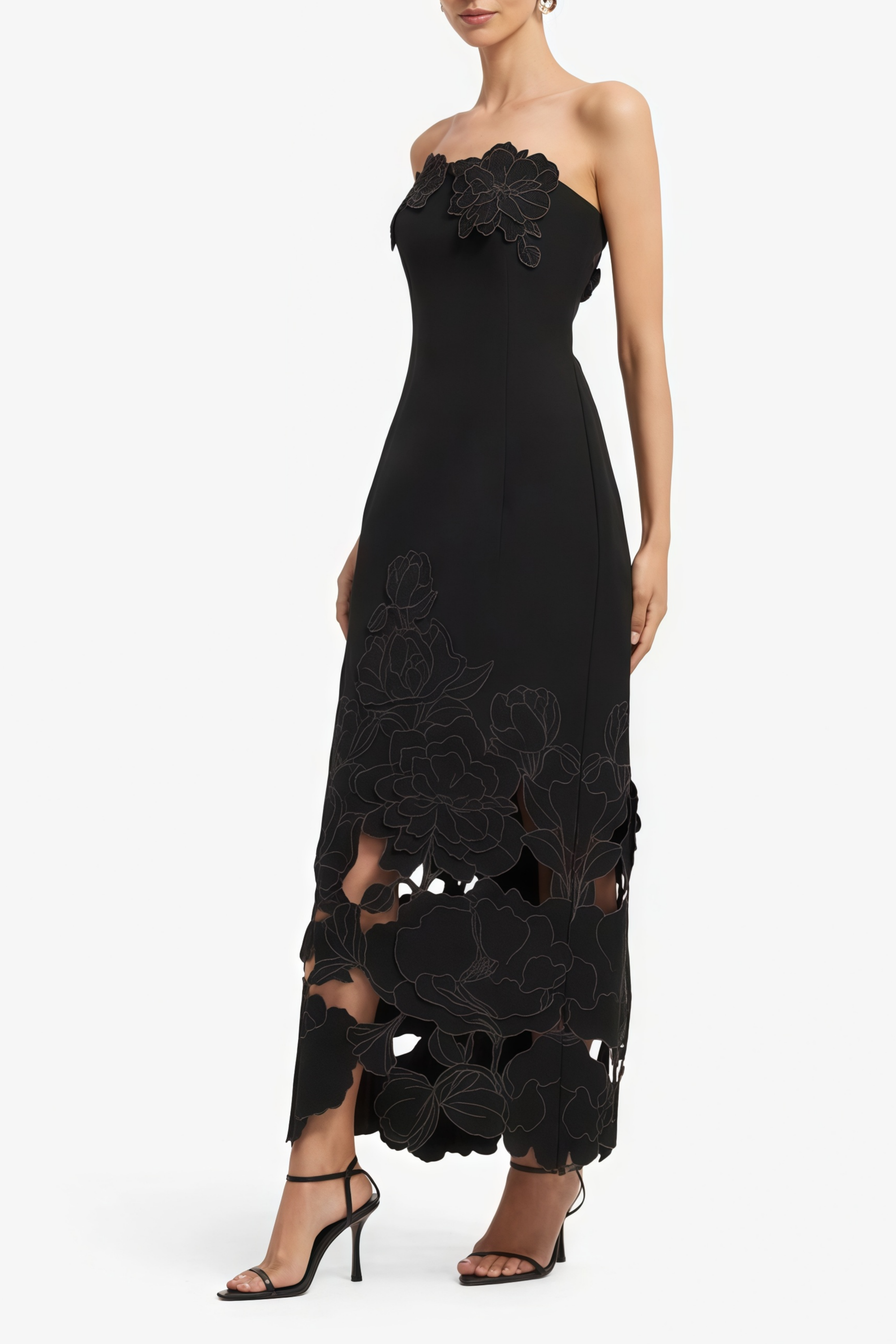 Strapless Floral Embroidered Maxi Dress
