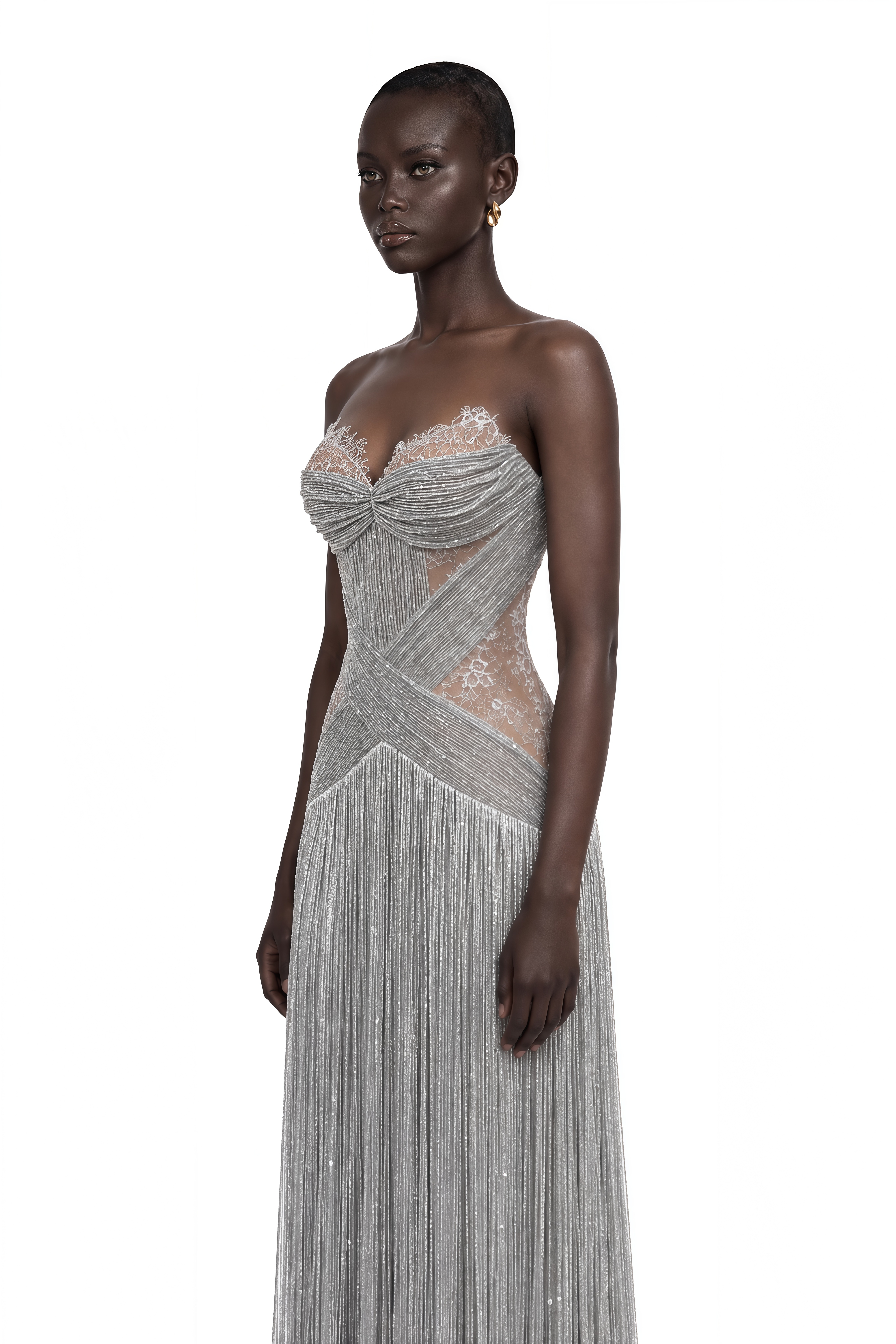 Lama Silver Sweetheart Neck Fringe Maxi Dress