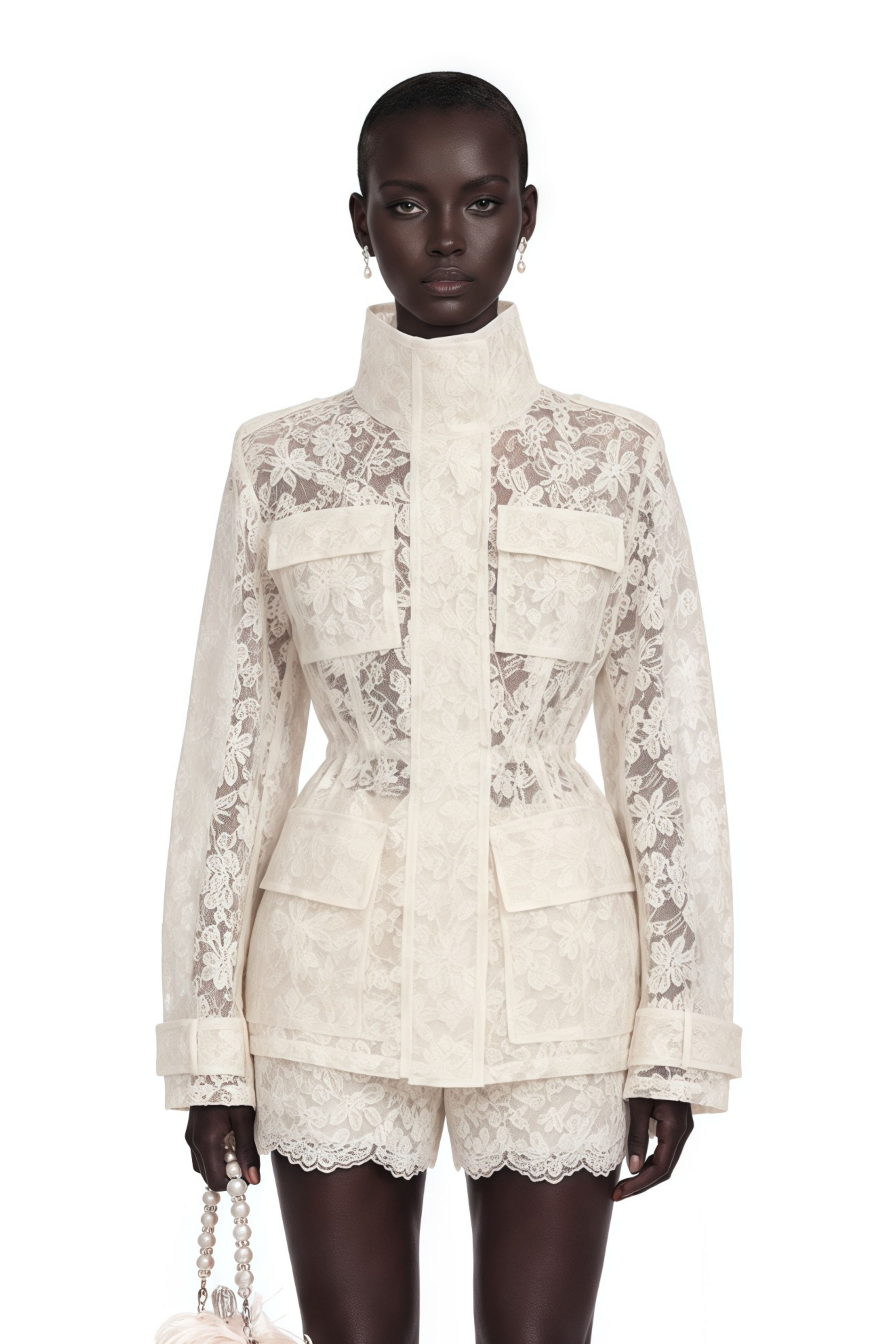 Ivory sheer floral lace high-neck utility jacket with matching lace shorts