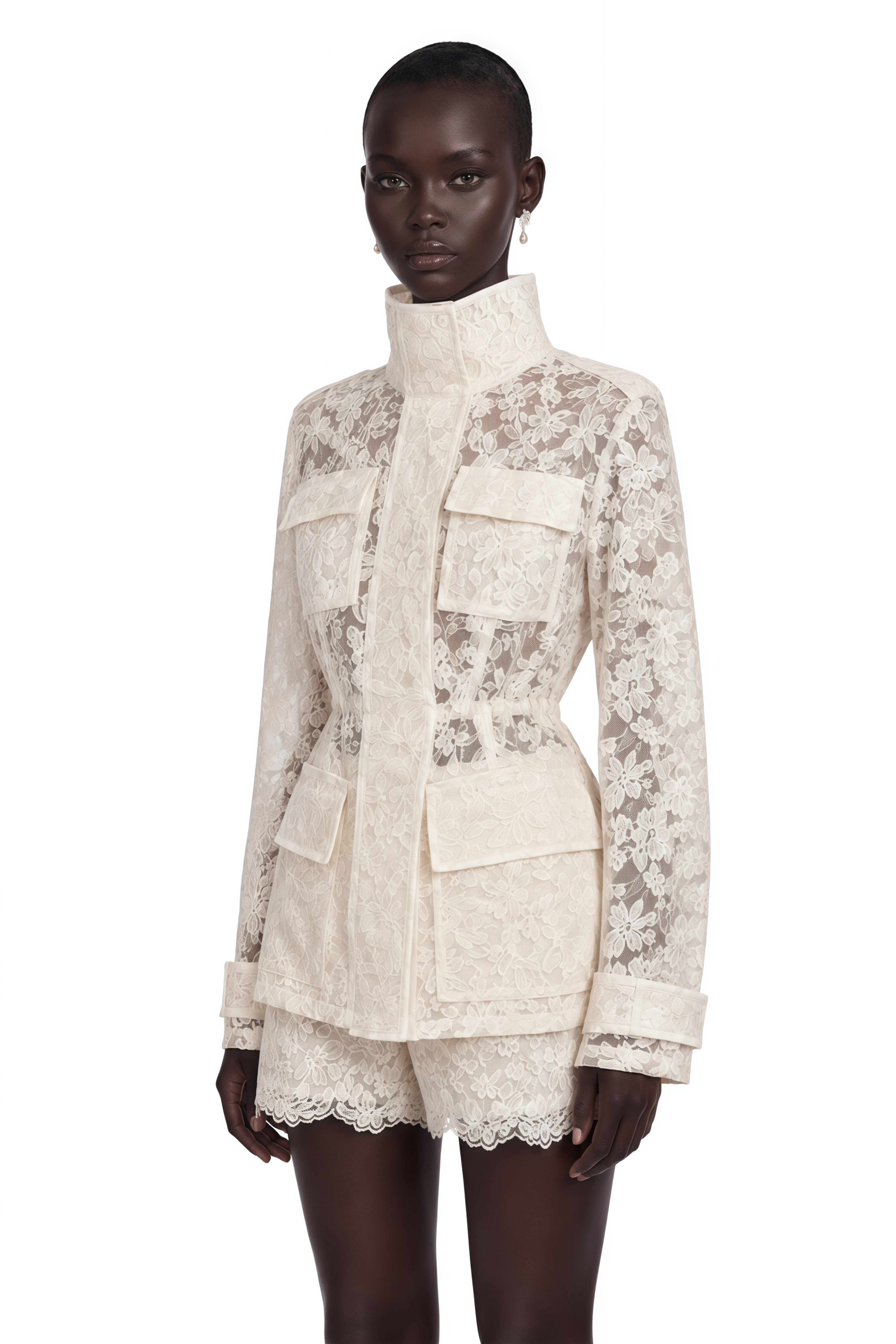 Ivory sheer floral lace high-neck utility jacket with matching lace shorts