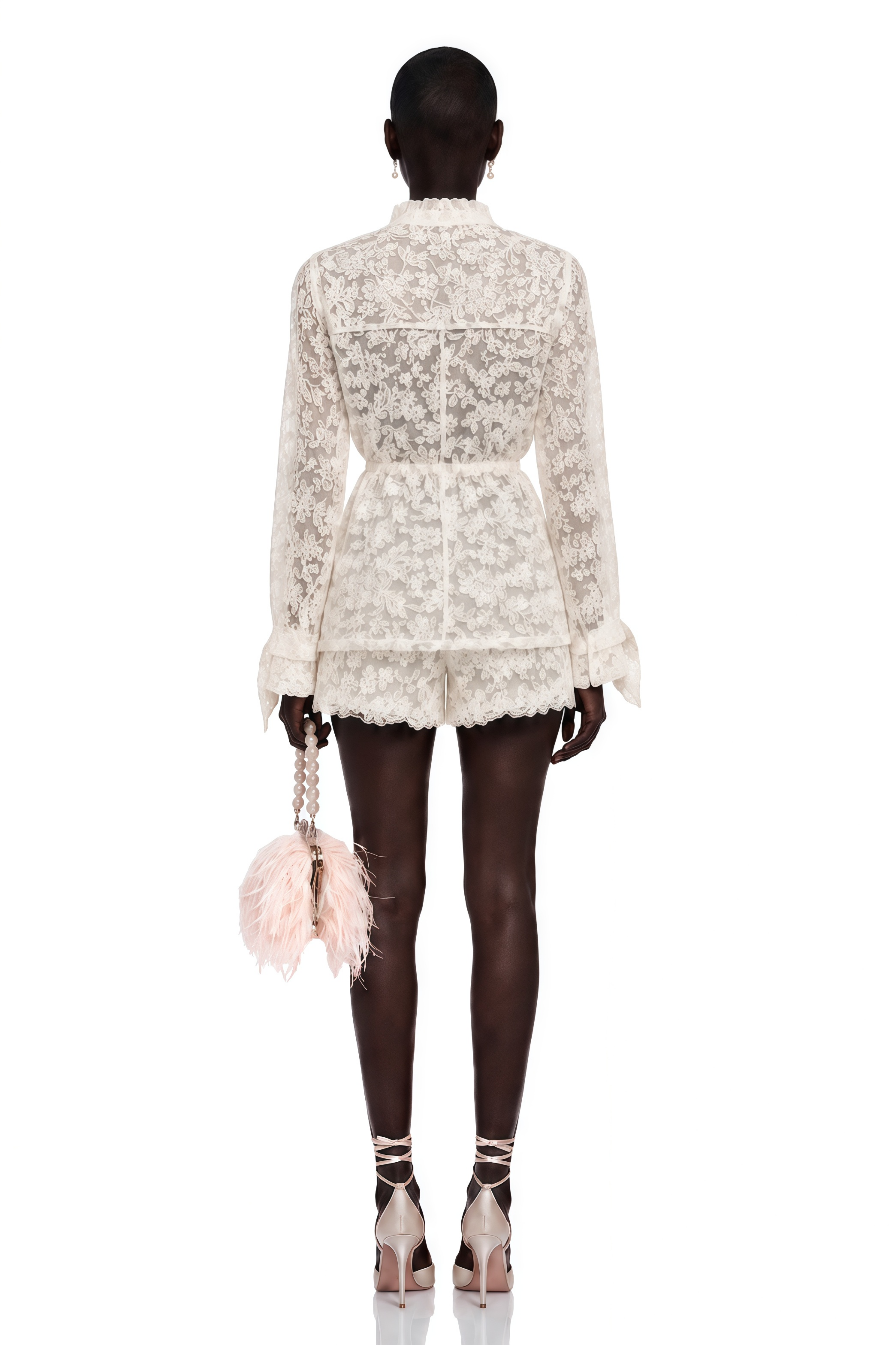 Ivory sheer floral lace high-neck utility jacket with matching lace shorts